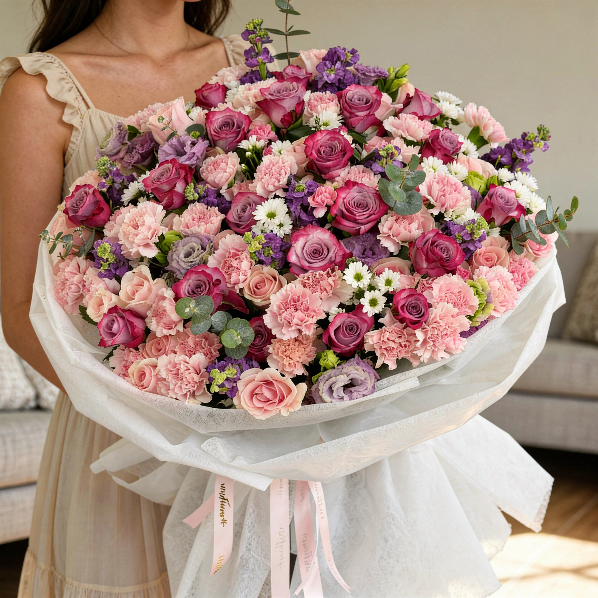 Bouquet of 10 purple matthiola, 10 white chrysanthemums, 10 purple lisianthus, 30 pink carnations, 20 purple roses and 40 pink roses with green fillers in nice wrapping.