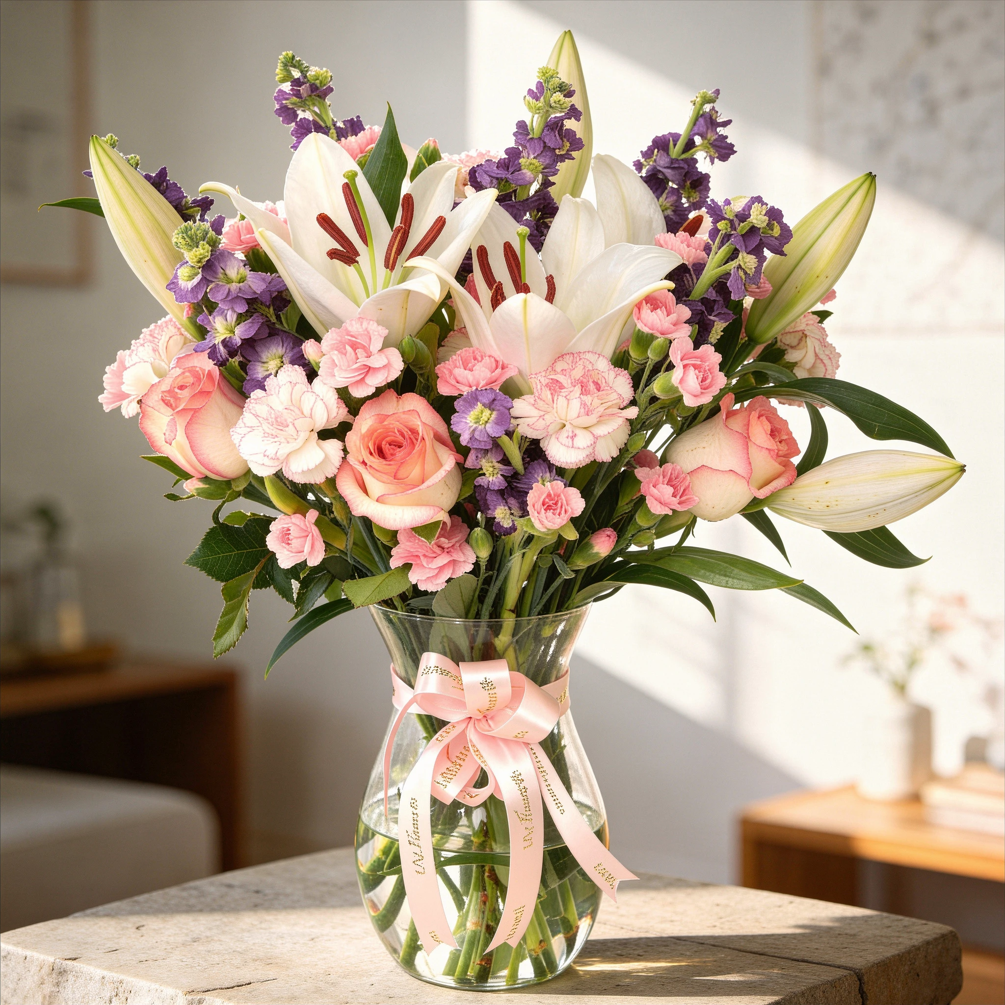 2 white lilies, 6 pink roses, 6 purple matthiola, 6 pink carnations and 4 spray pink carnations with green fillers in glass vase.