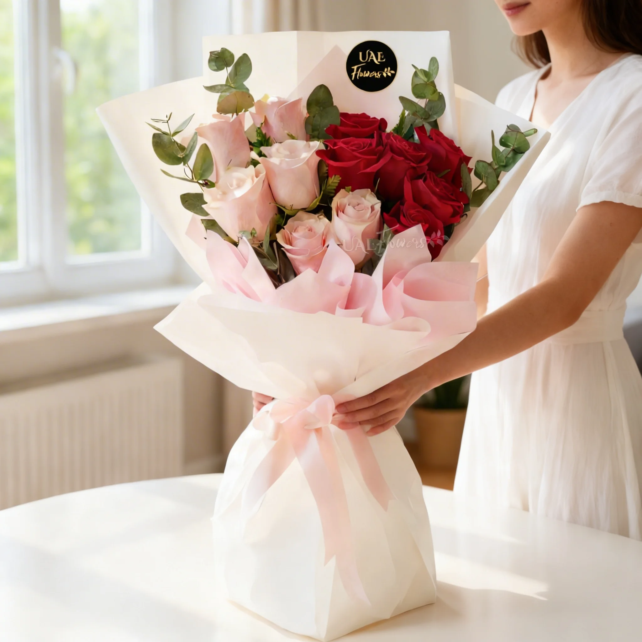 6red roses and 6 pink roses bouquet