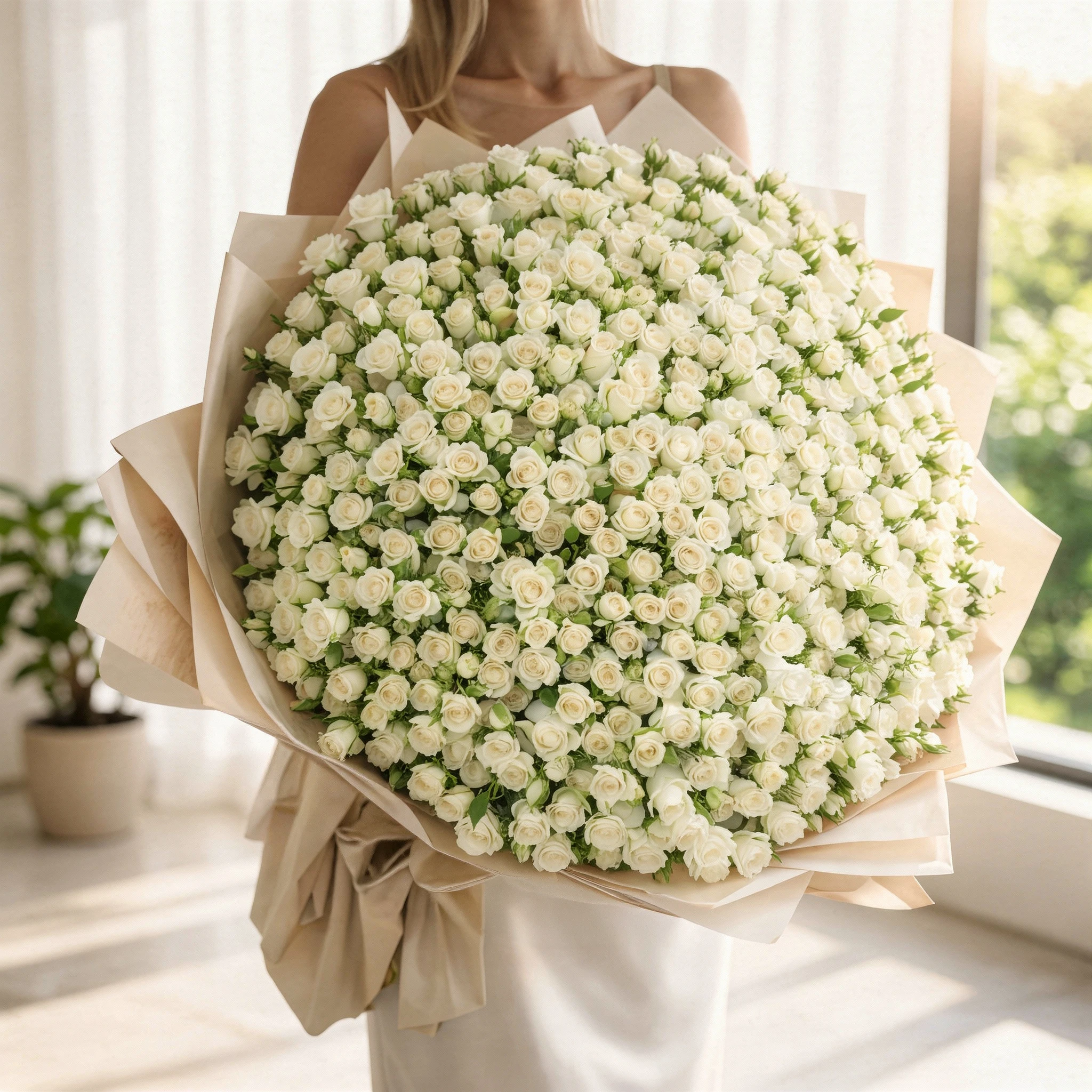 100 white spray roses and 100 white roses with fillers