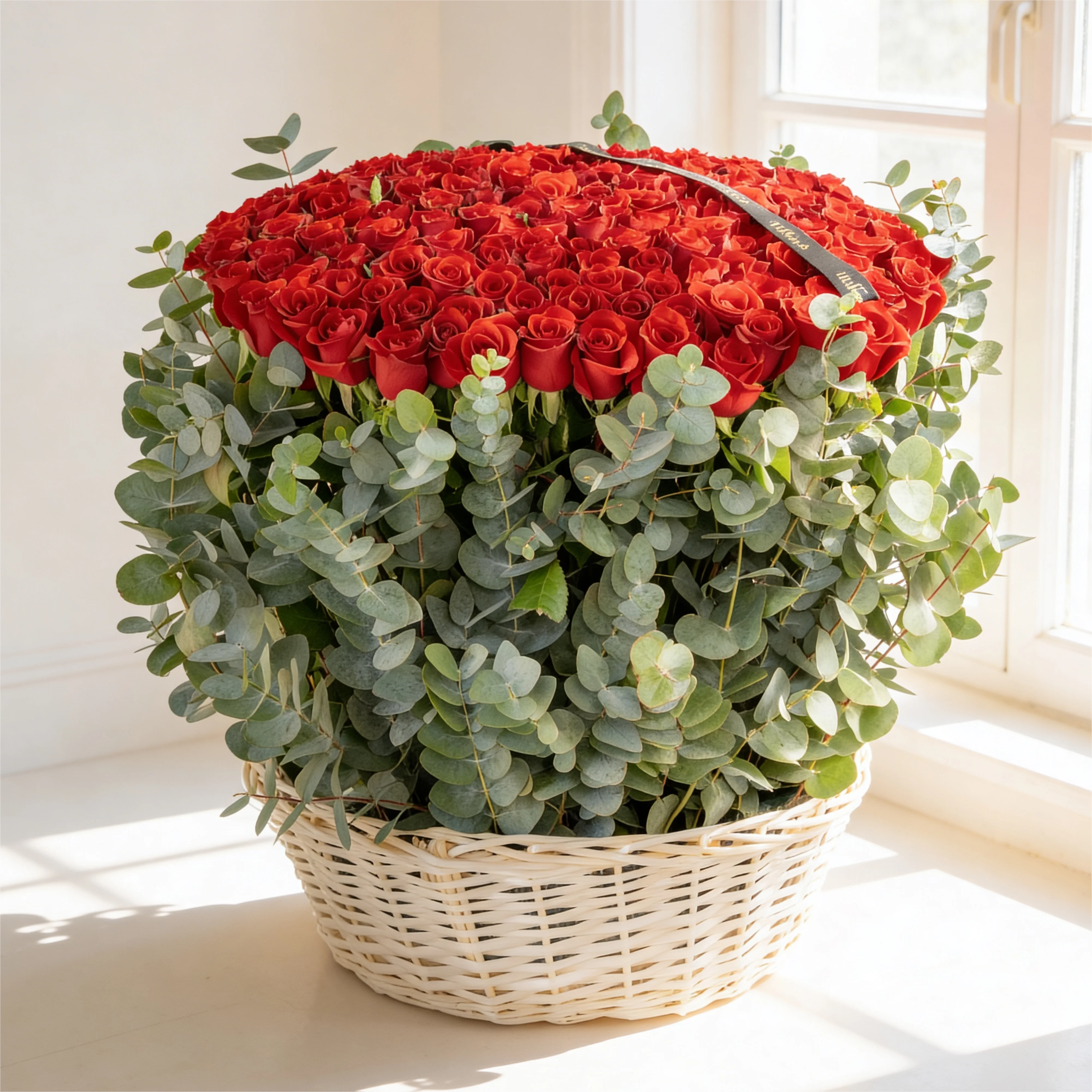 150 red roses with eucalyptus leaf in a basket.