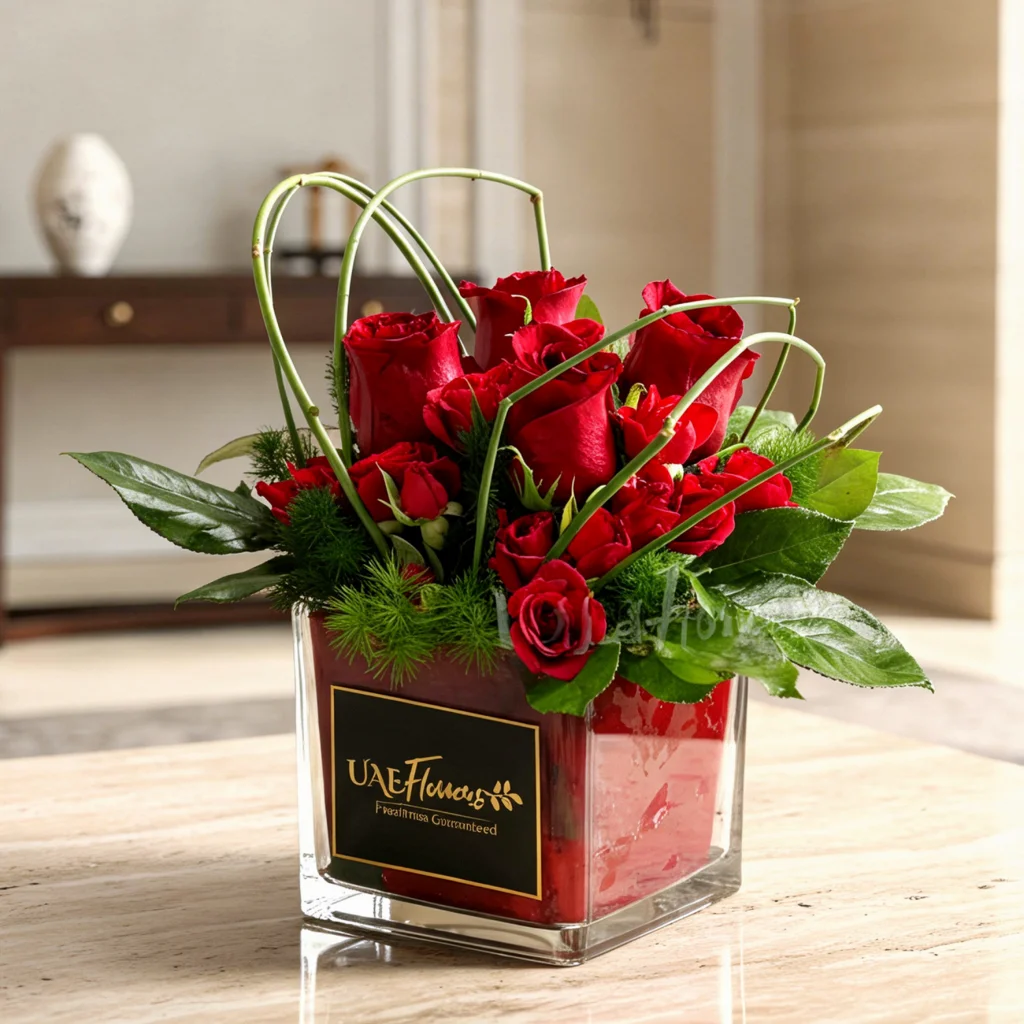 4 Red Roses in a mini-cube vase with greens & steel grass