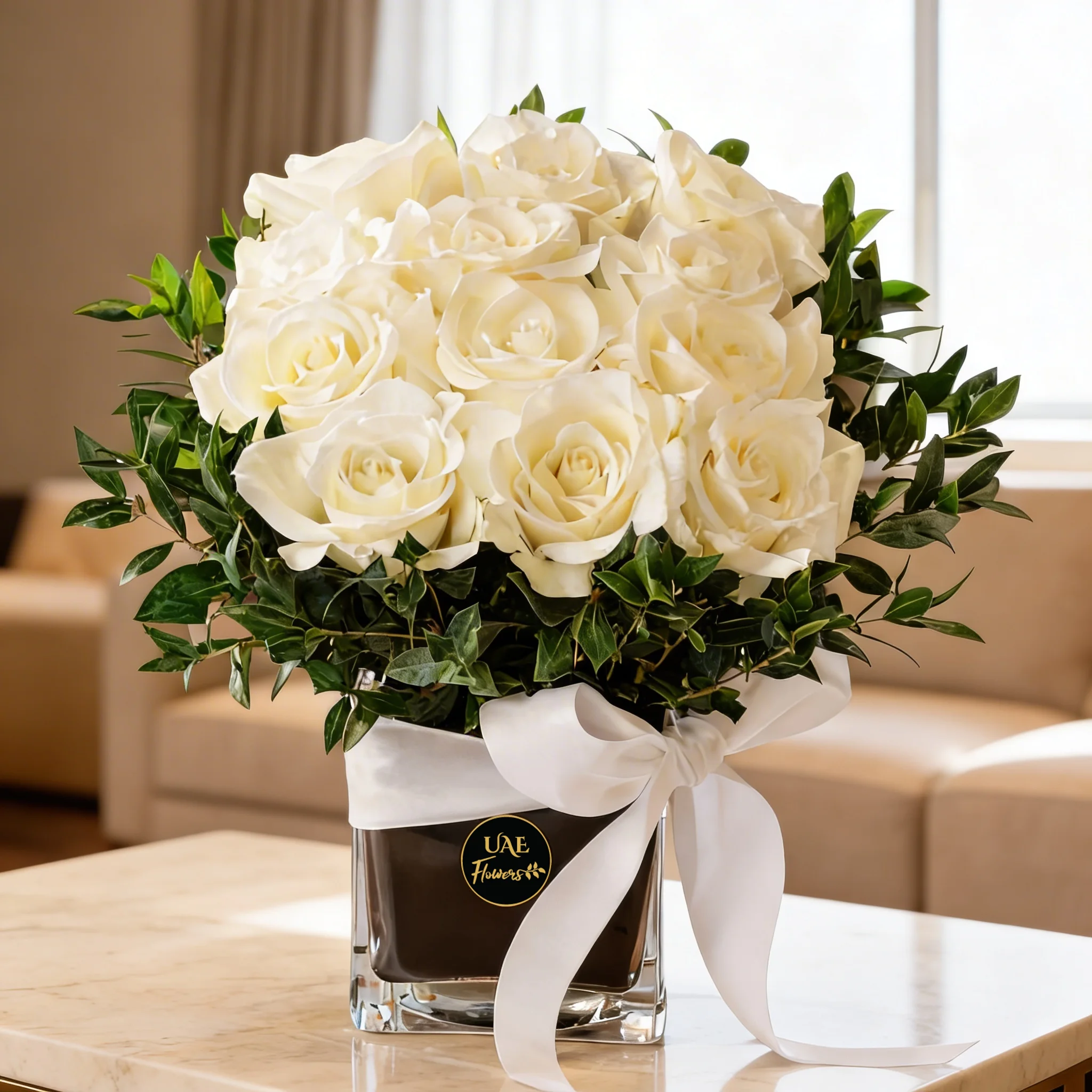 12 white roses with greens in a cube vase and tied with white ribbon