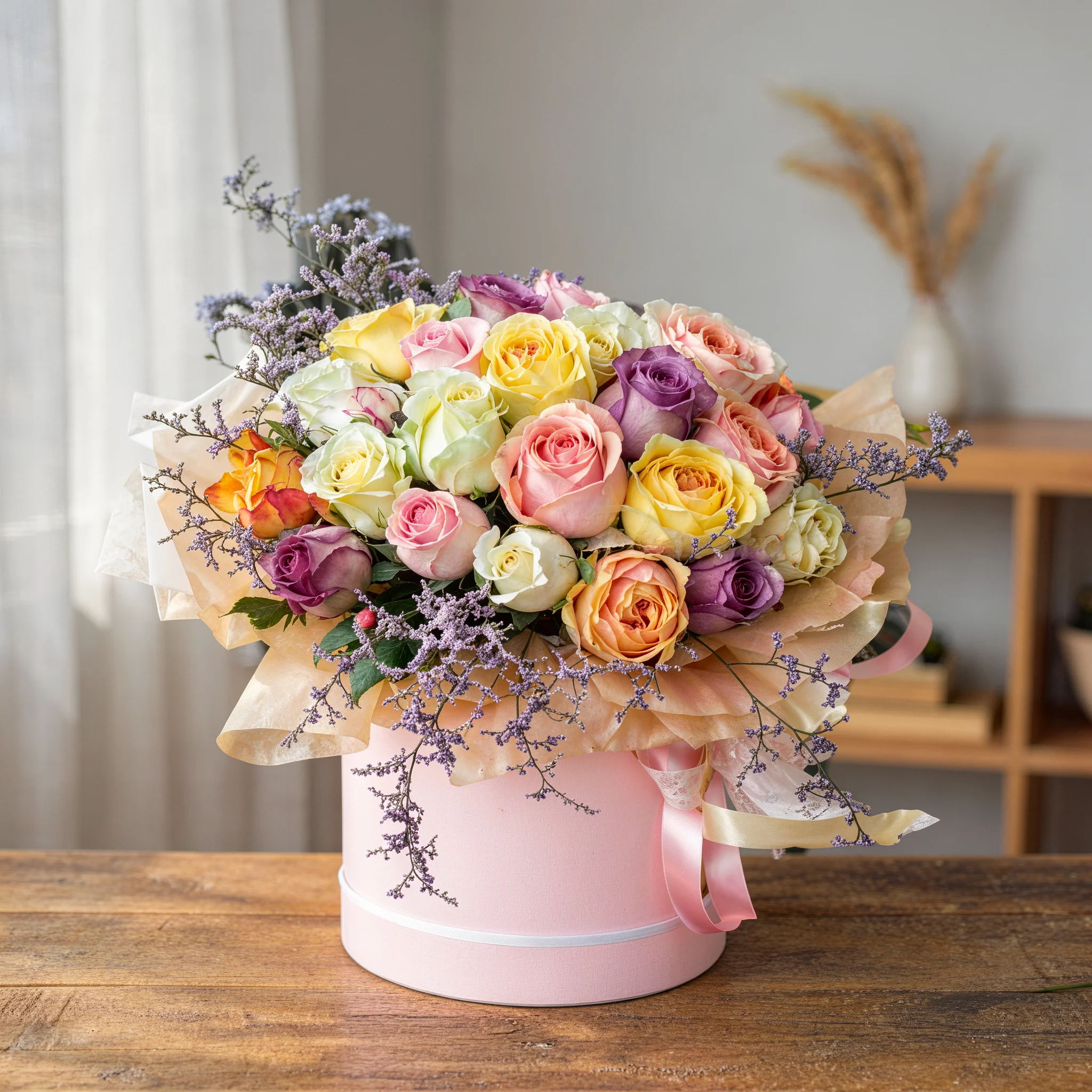 20 mix color roses with fillers in a round box