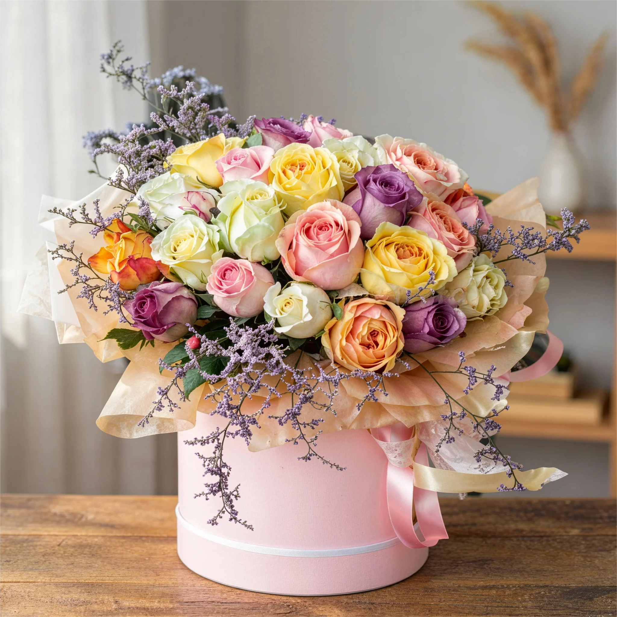 20 mix color roses with fillers in a round box