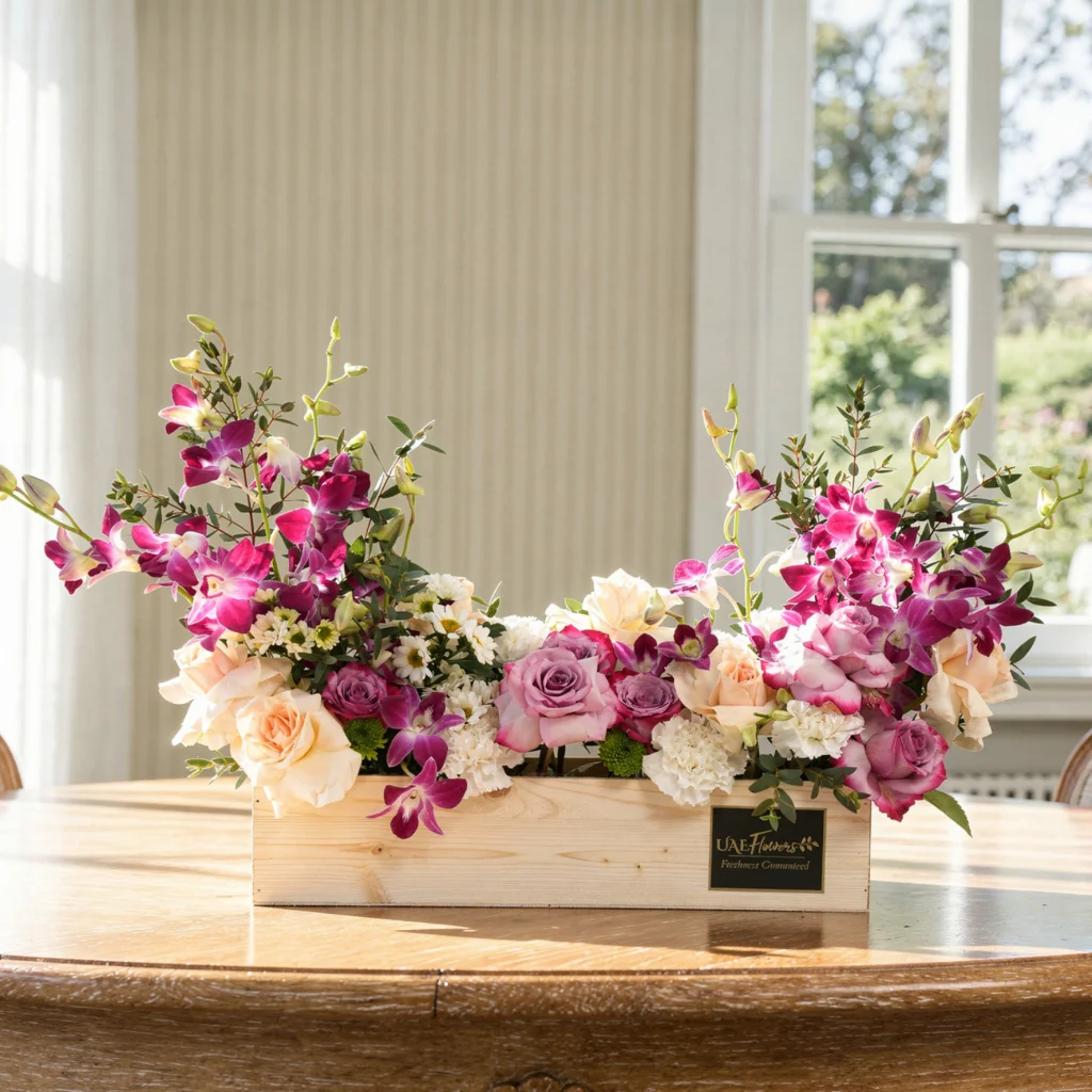 6 purple roses, 6 peach roses, 5 white carnations, 2 white chrysanthemums and 6 purple orchids in a wooden tray.