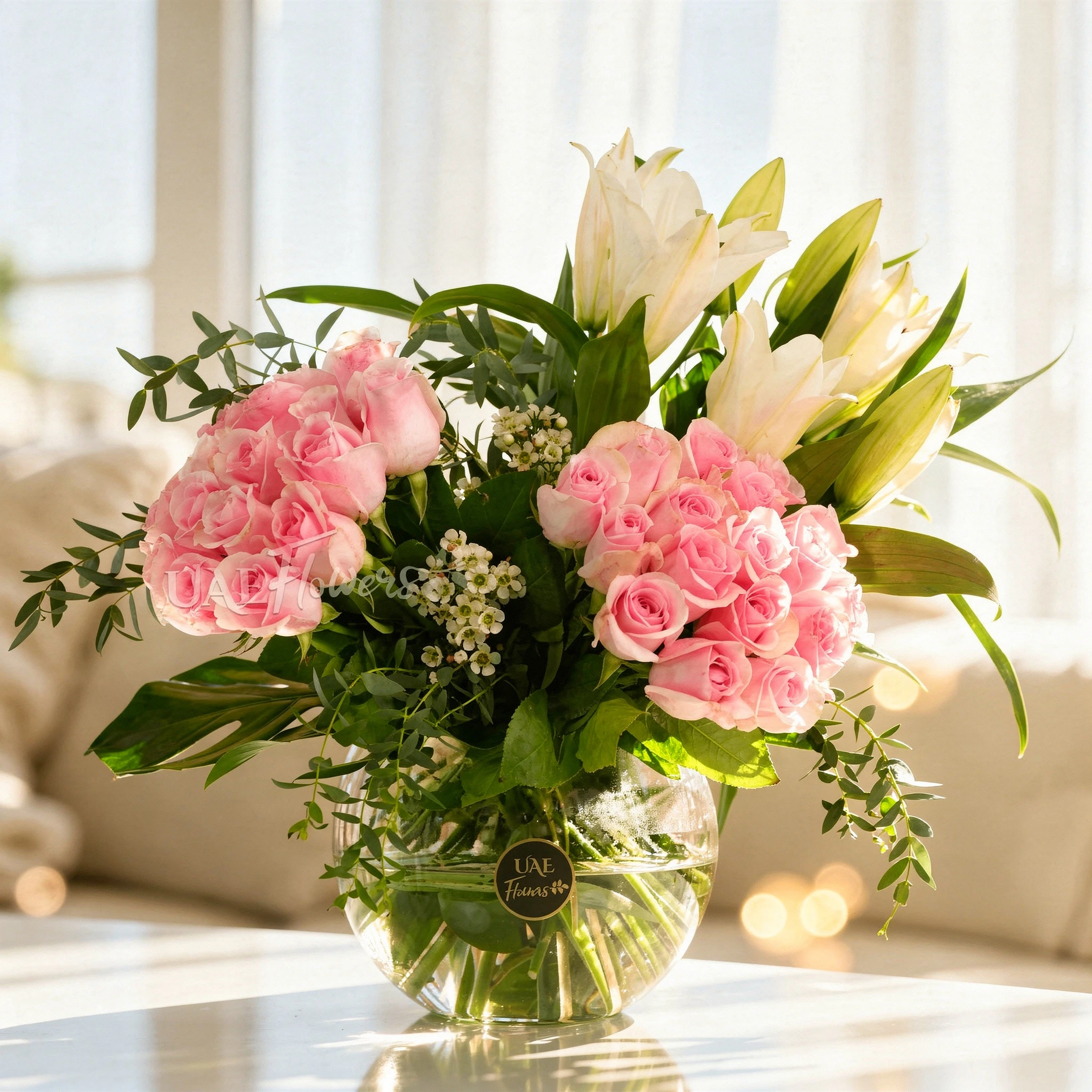 white lilies and 30 pink roses
