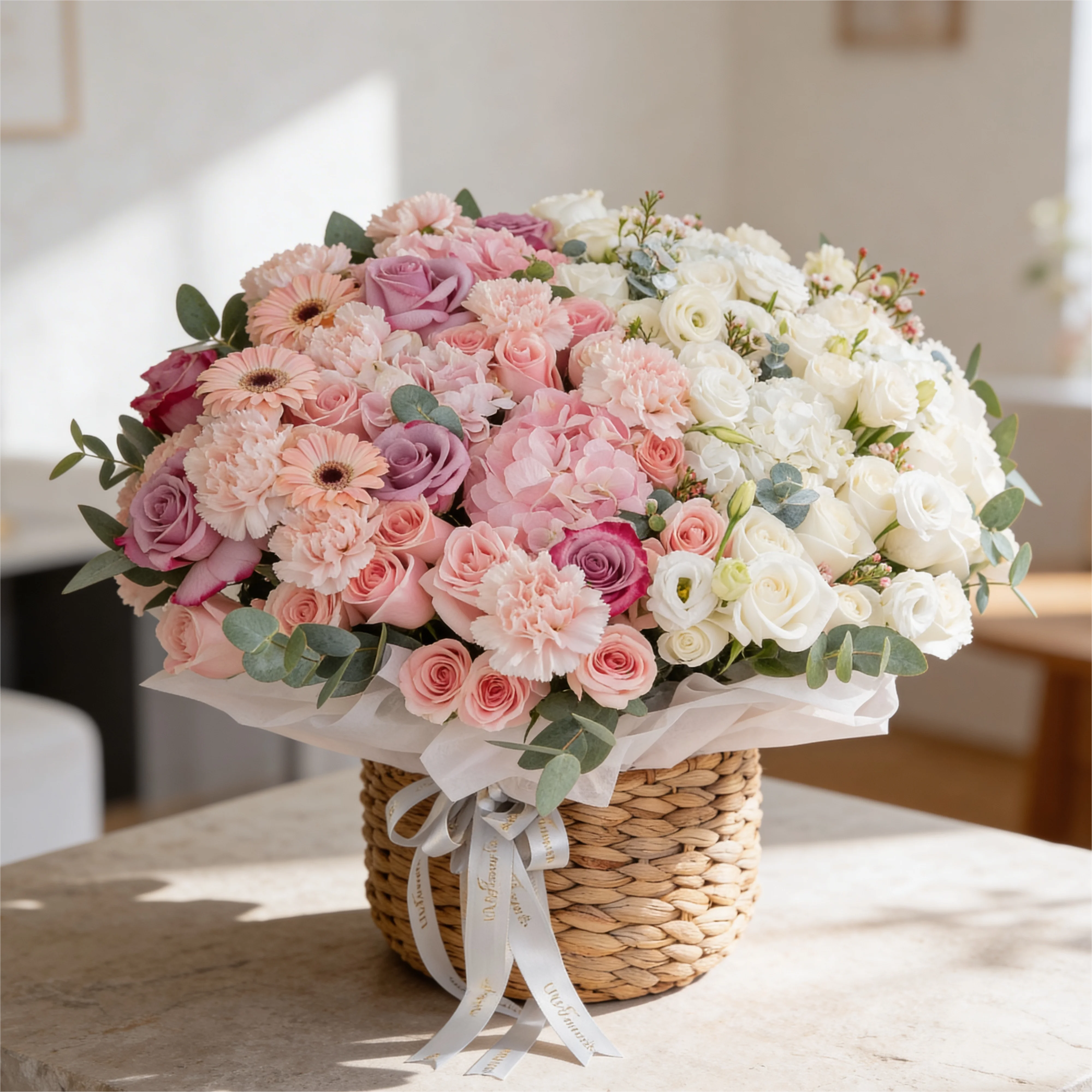 3 pink hydrangeas, 10 pink roses, 10 purple roses, 10 pink carnations, 3 pink gerberas, 3 white hydrangeas, 20 white roses and 7 white lisianthus with green fillers in a basket.