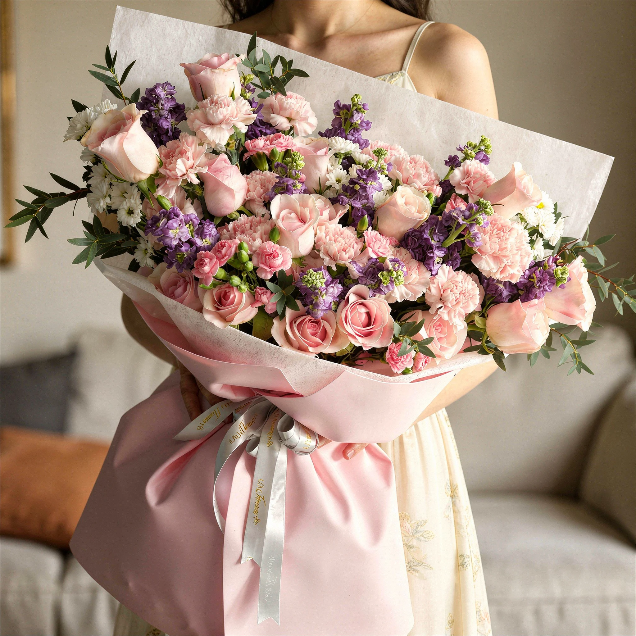 Bouquet of 10 purple matthiola, 12 pink roses, 10 pink carnations, 5 pink spray carnations, 5 white chrysanthemums with green fillers in pink wrapping.