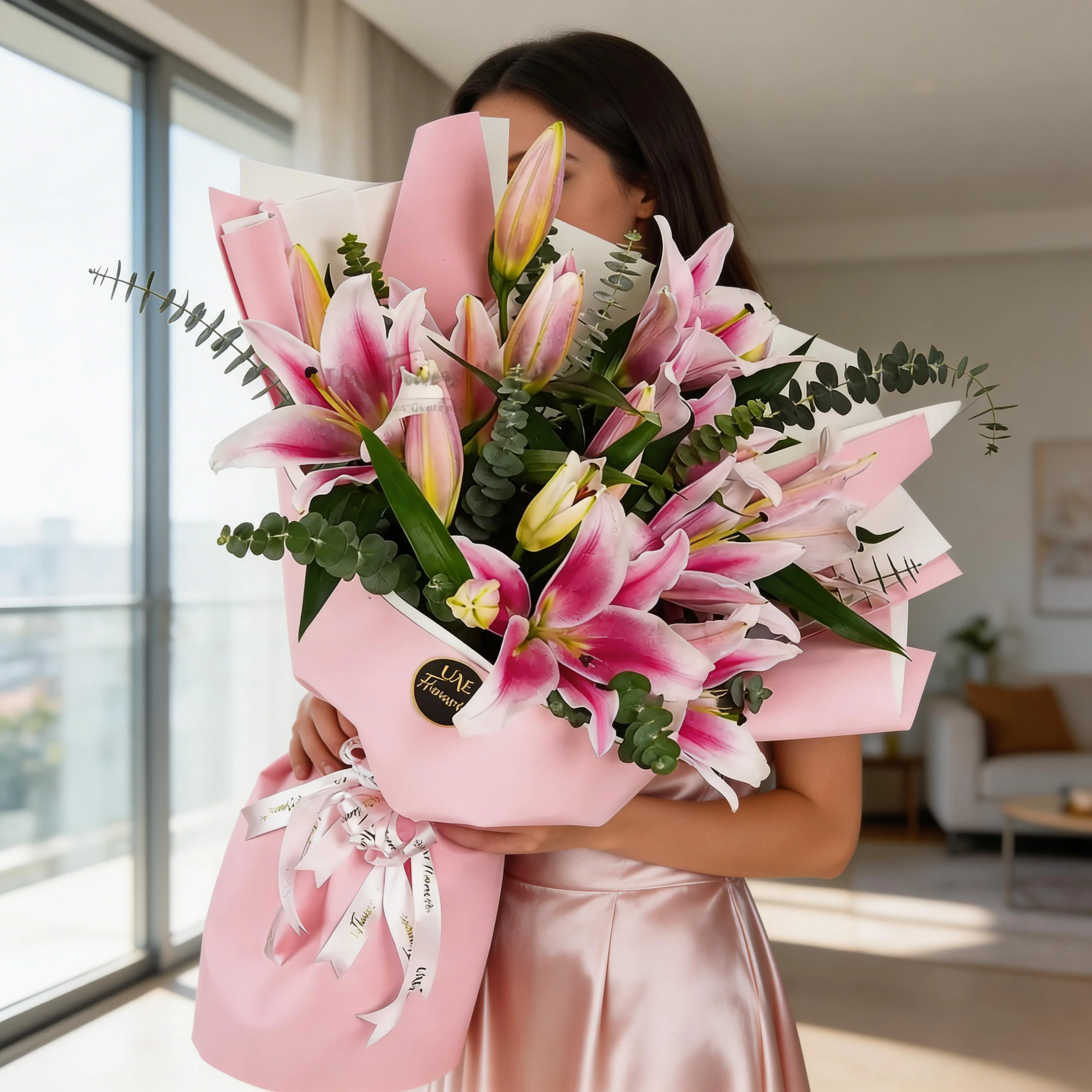 A bouquet of 5 pink lilies with eucalyptus leaves and green fillers in pink wrapping paper tied with pink ribbon