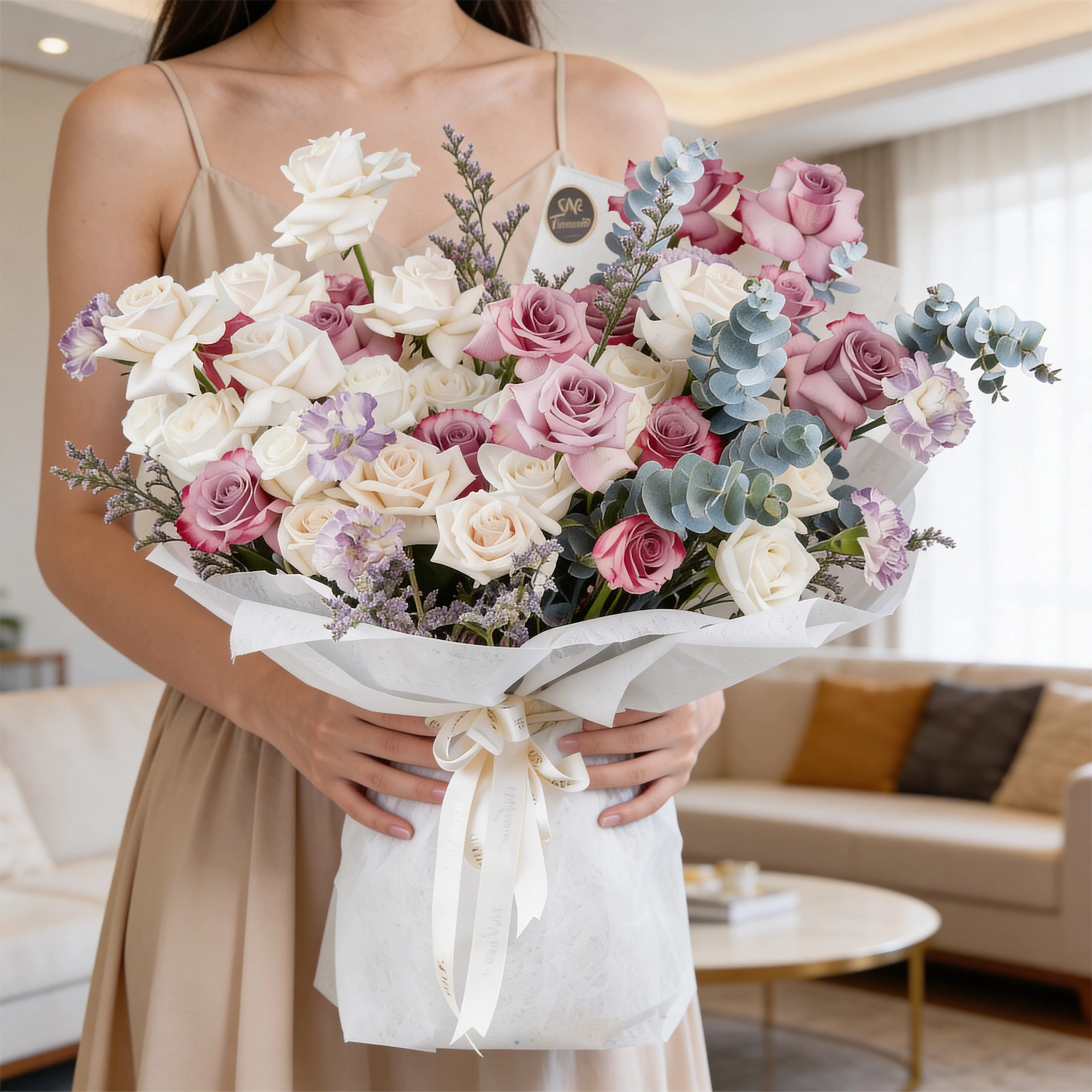 Bouquet of 20 white roses, 12 purple roses and 5 carnations with eucalyptus leaf and green fillers in white paper packing tied with white ribbon.