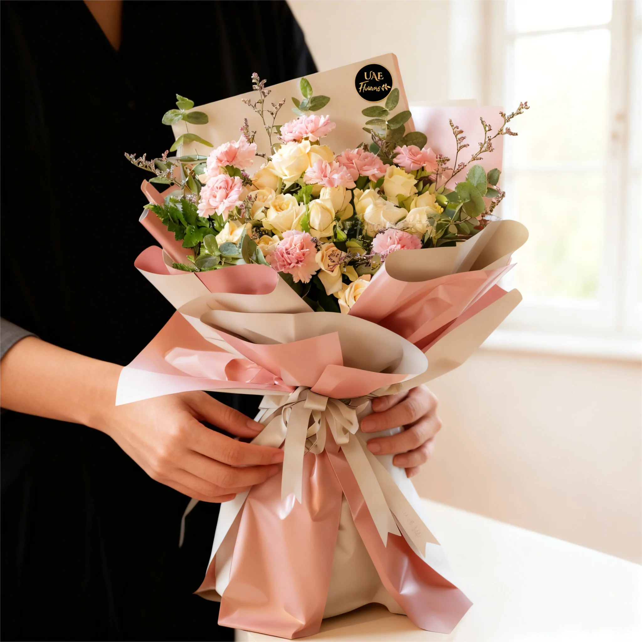 bouquet with 8 soft pink carnations and 5 peach spray roses