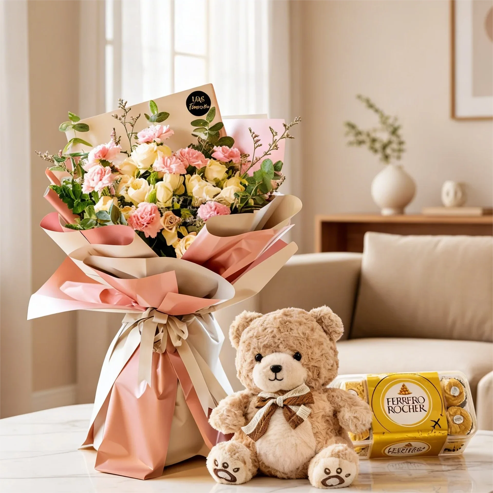 Pink Carnations & Peach Roses with Ferrero and Teddy