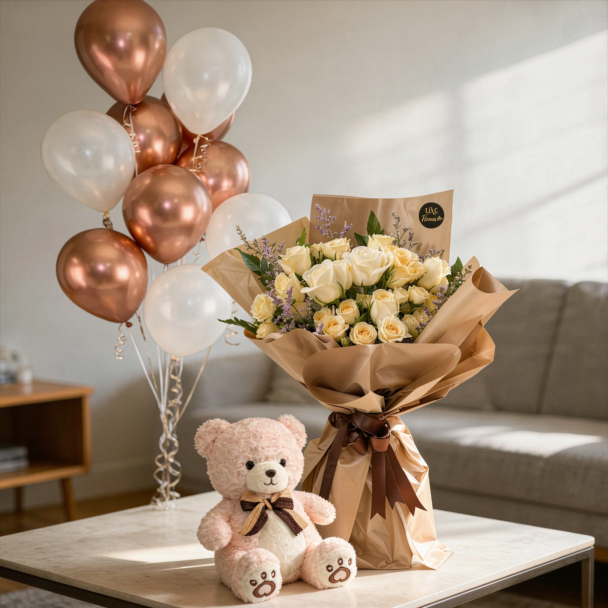 White & Peach Roses with Teddy and Balloons