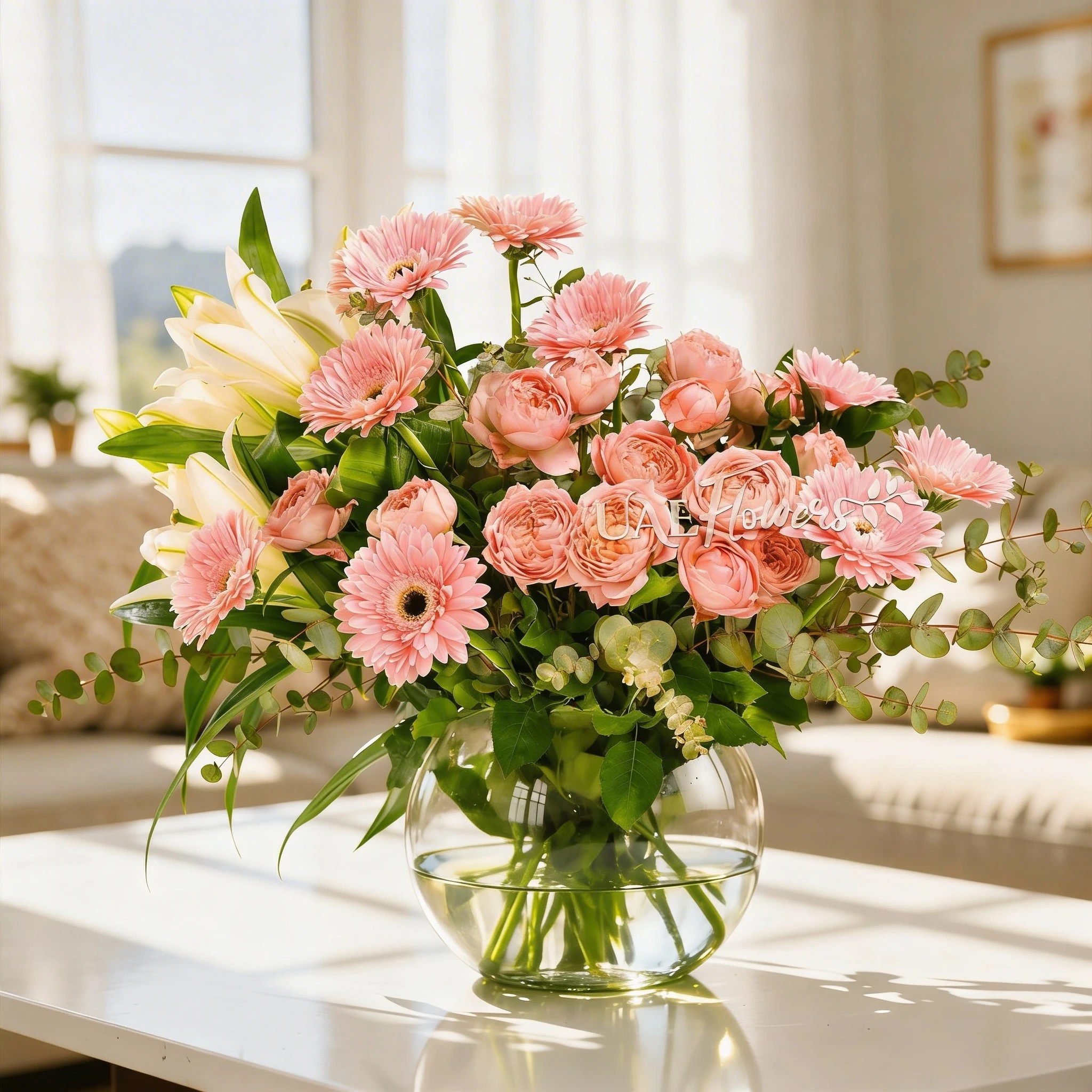 2 white lilies, 10 pink gerberas, and 5 pink spray roses