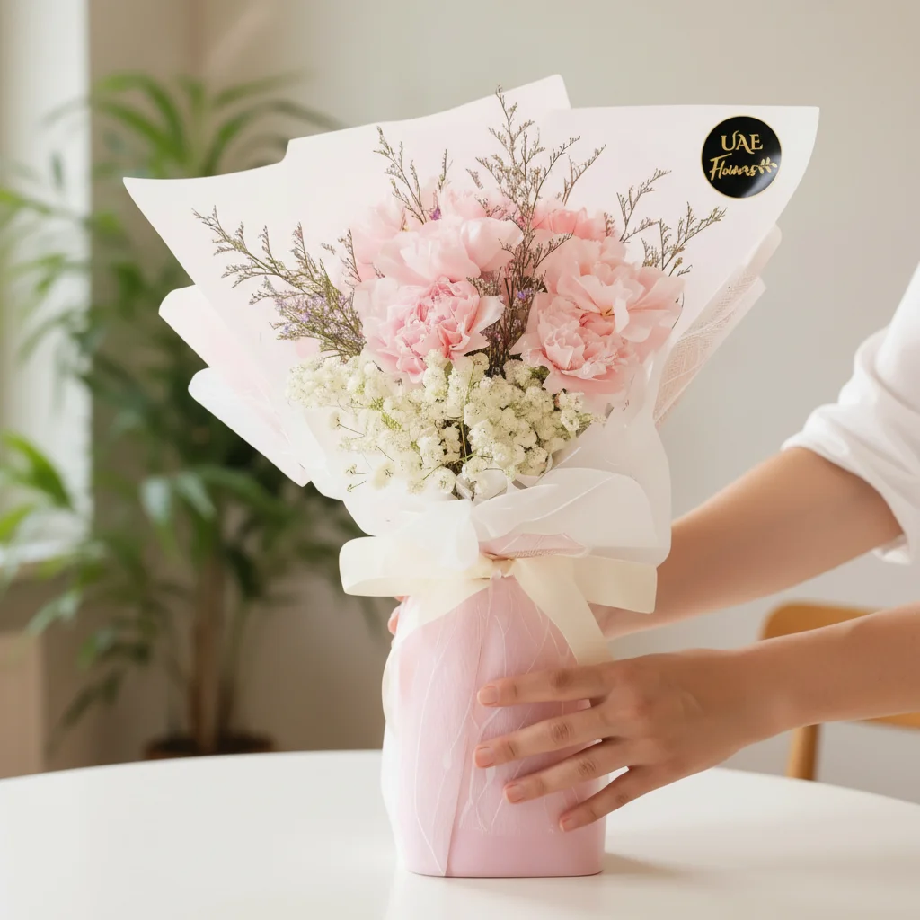 A bouquet of 10 pink carnation with baby breath and limonium fillers in pink wrapping paper tied with white ribbon
