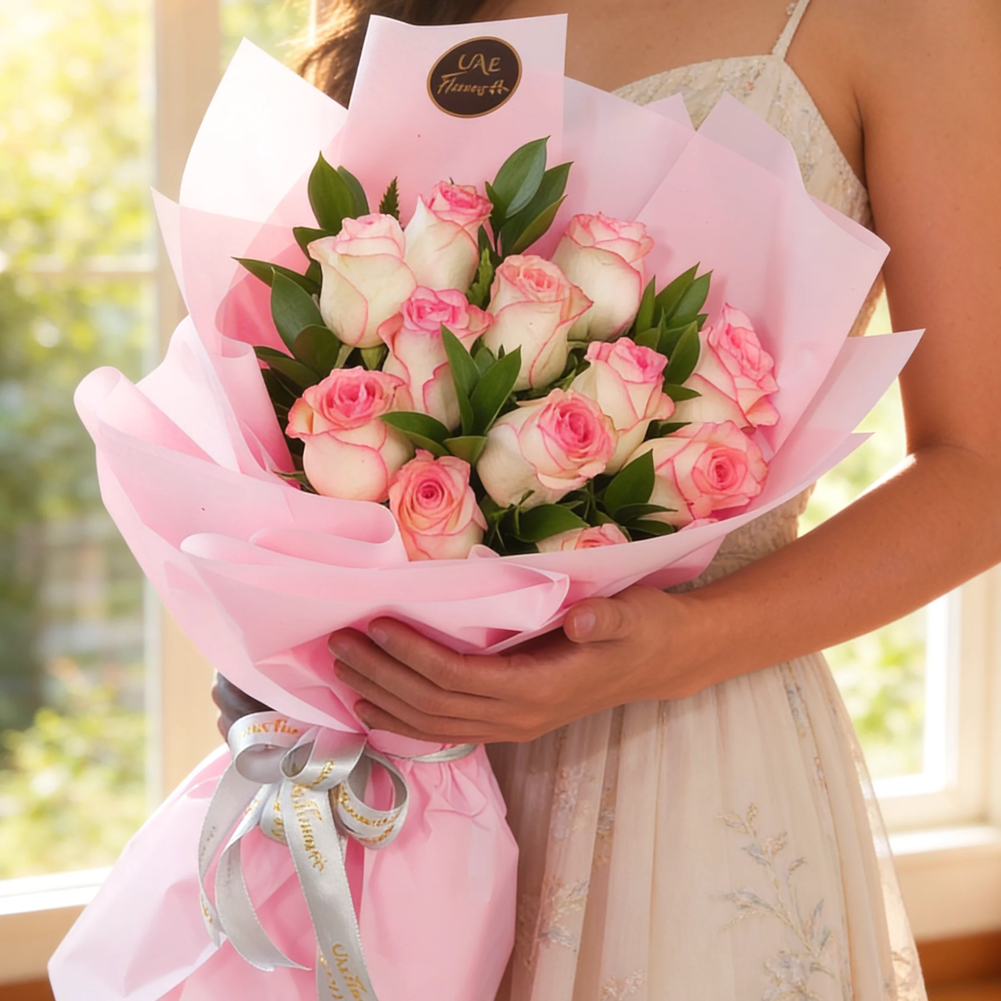 Bouquet of 12 pink roses with green fillers in pink wrapping paper.
