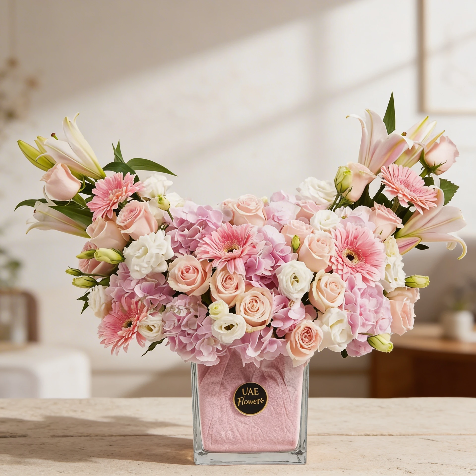 Flower Vase of pink lilies, gerberas, hydrangeas, roses, & white lisianthus
