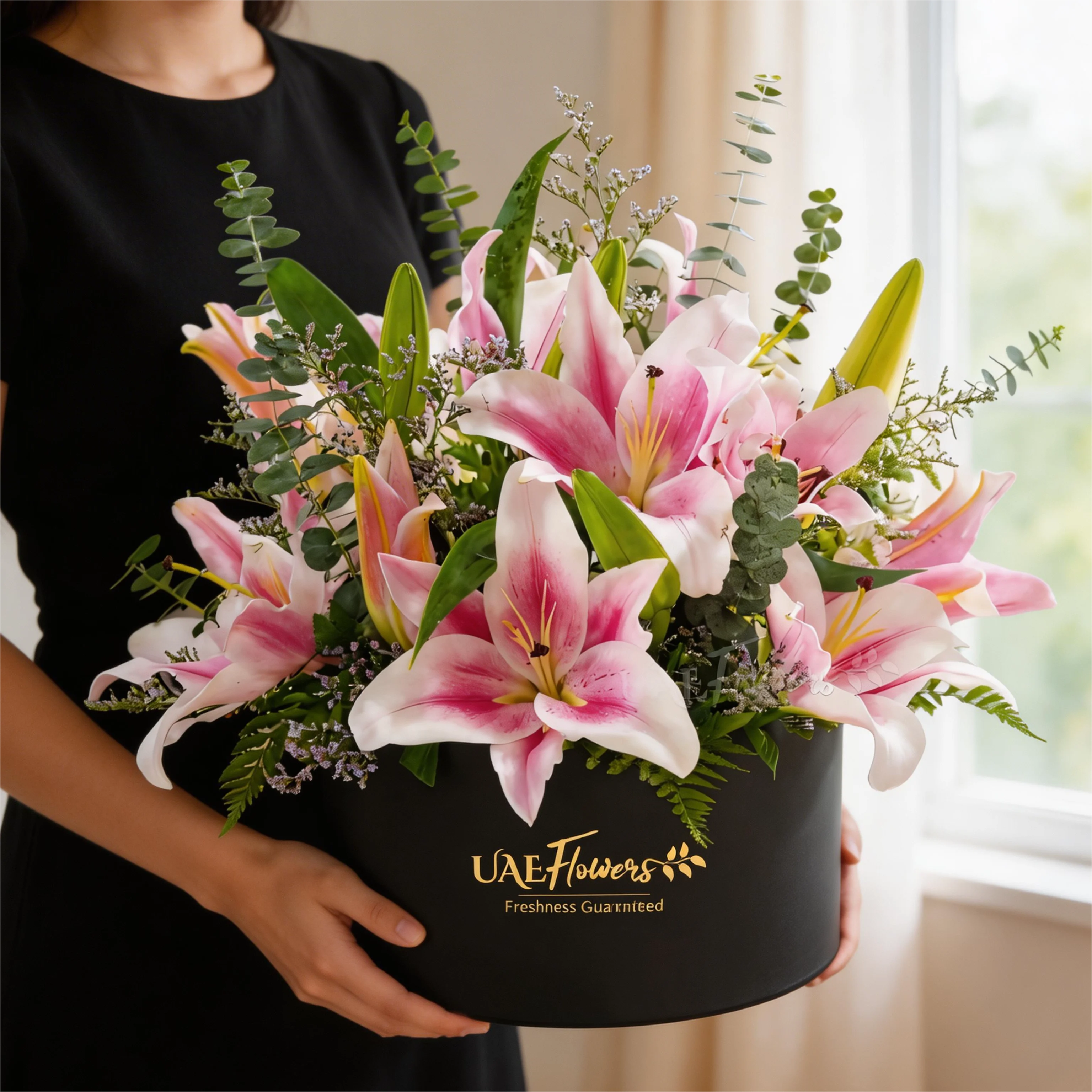 5 pink lilies with eucalyptus leaf and limonium fillers in a black round box