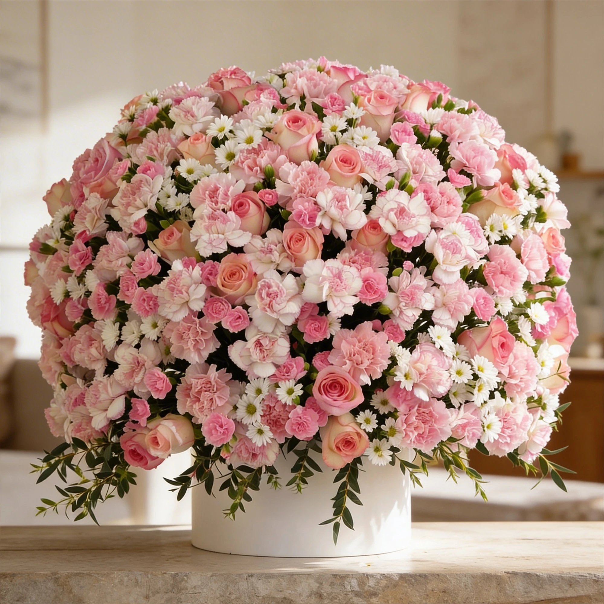 60 pink carnations, 60 pink roses, 20 pink spray carnations and 10 white chrysanthemums with green fillers in a round white box.