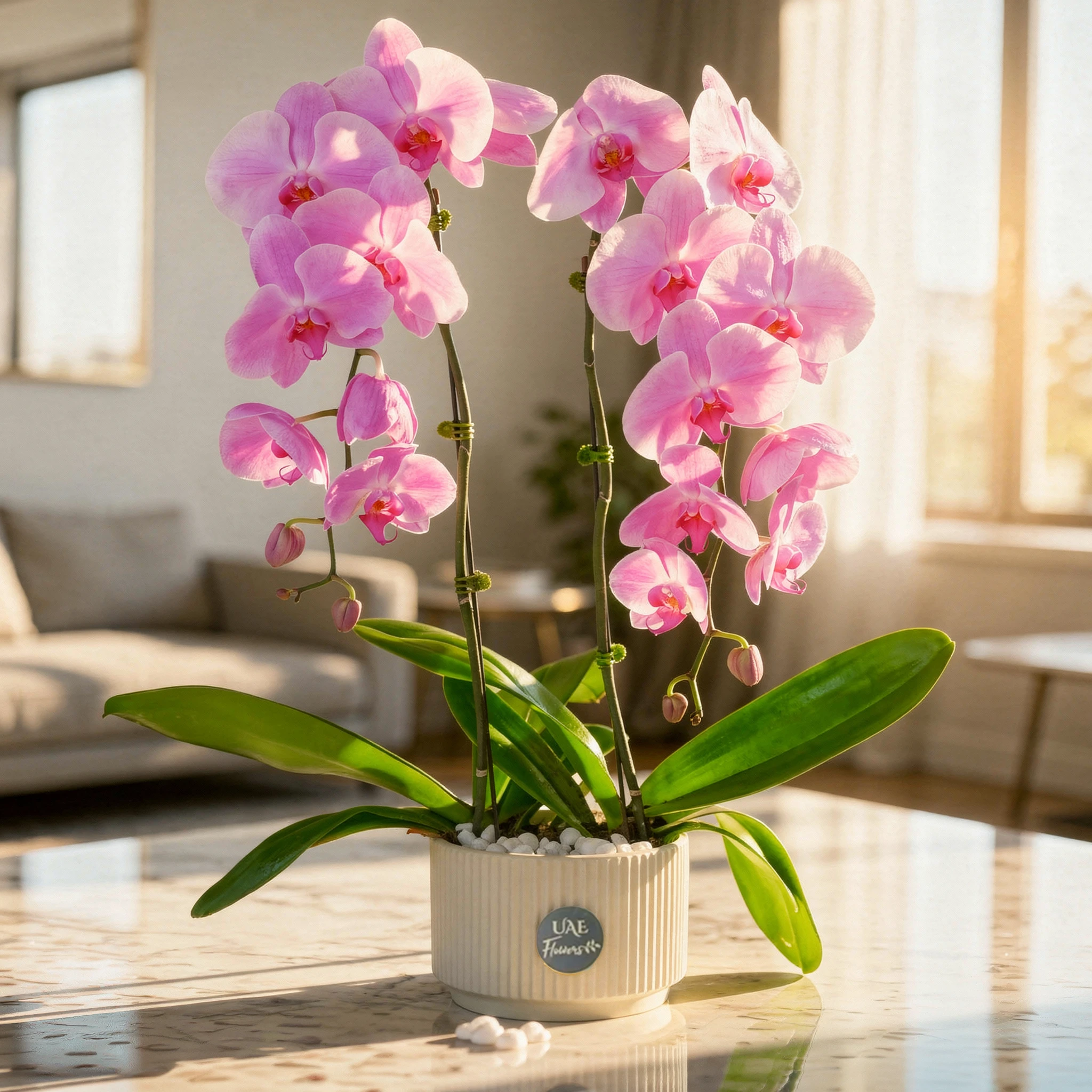 2 dark pink phalaenopsis orchid plants in a white pot