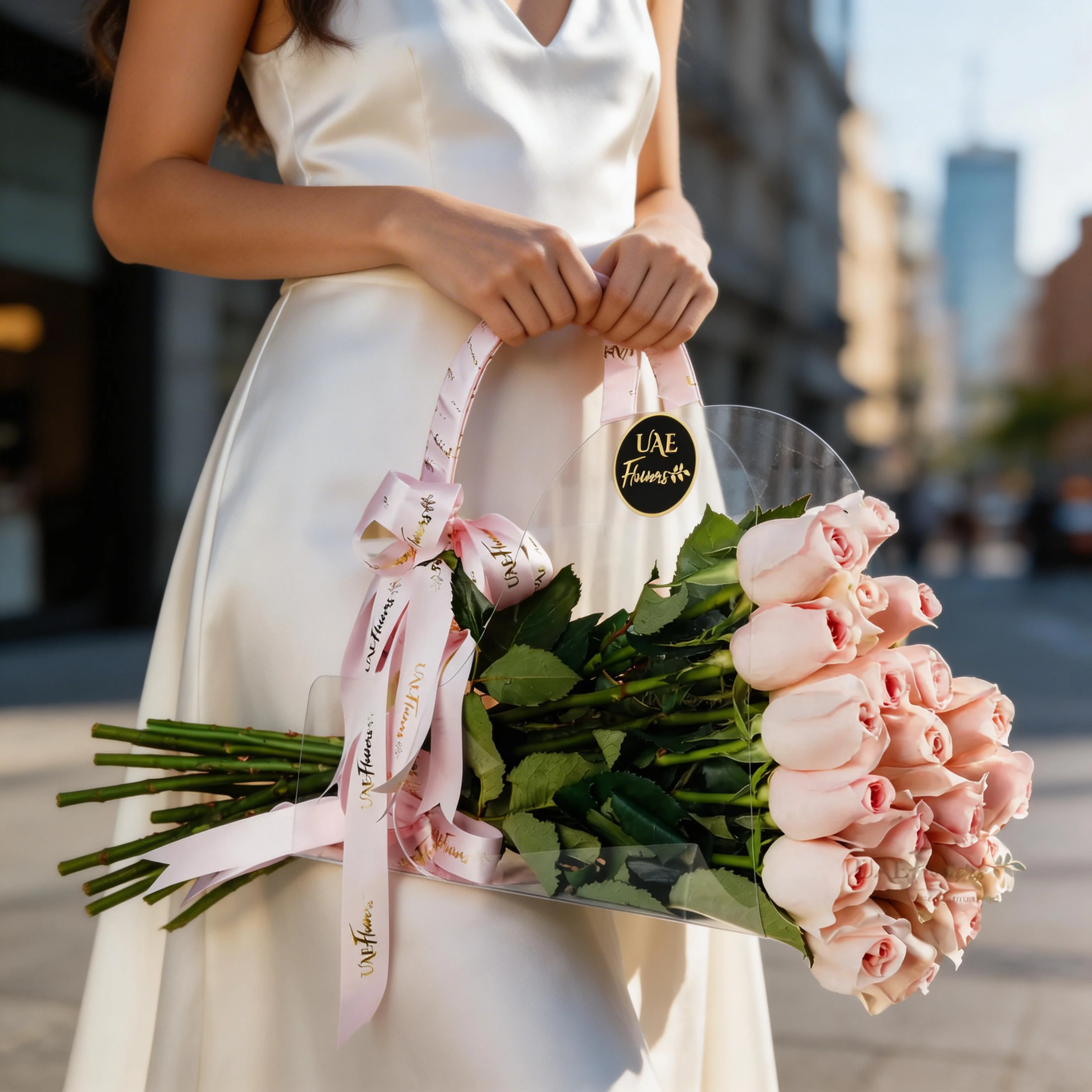 17 pink roses in an acrylic bag