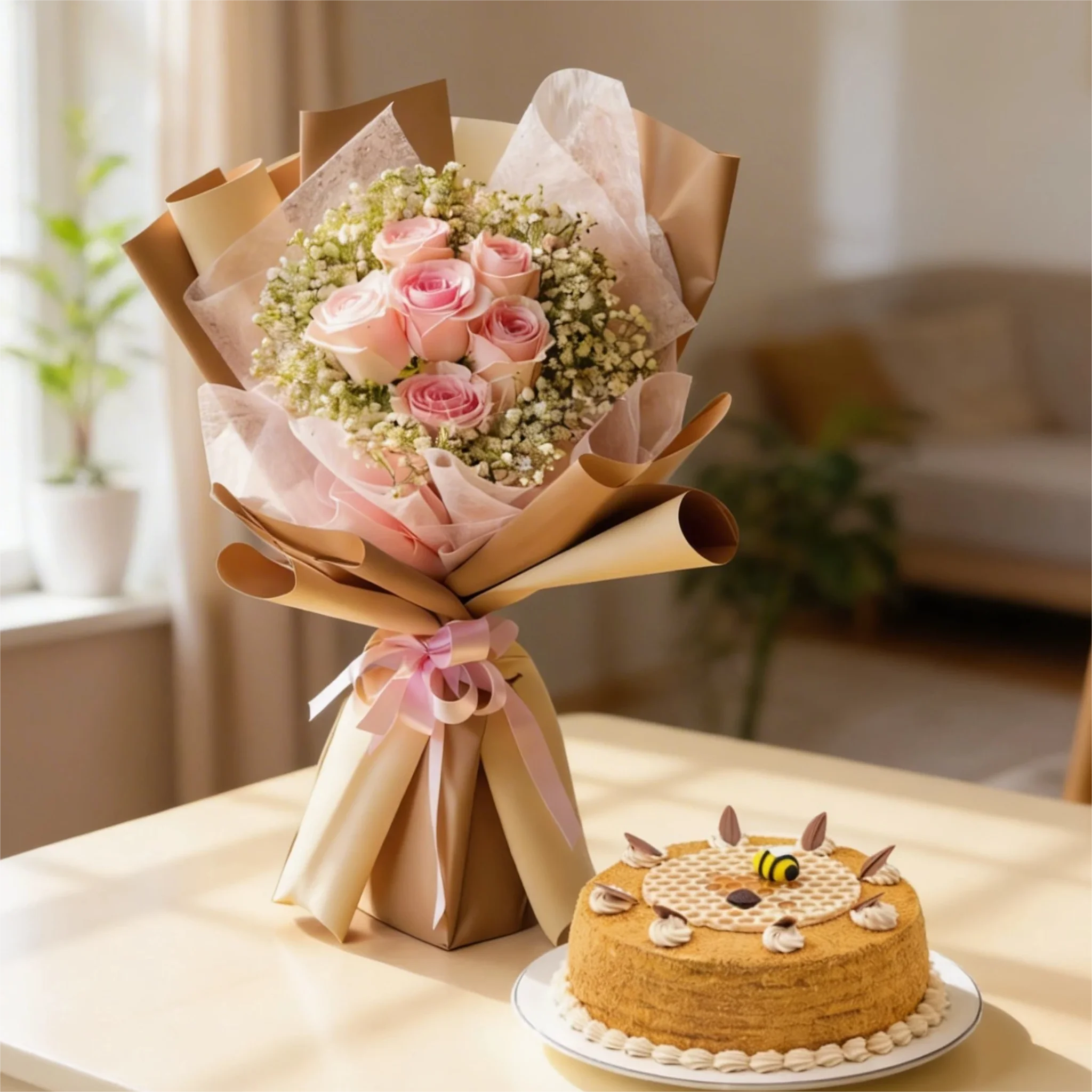 Bouquet of 6 pink roses with baby's breath in paper packing with ribbons and 1 kg Honey Cake.