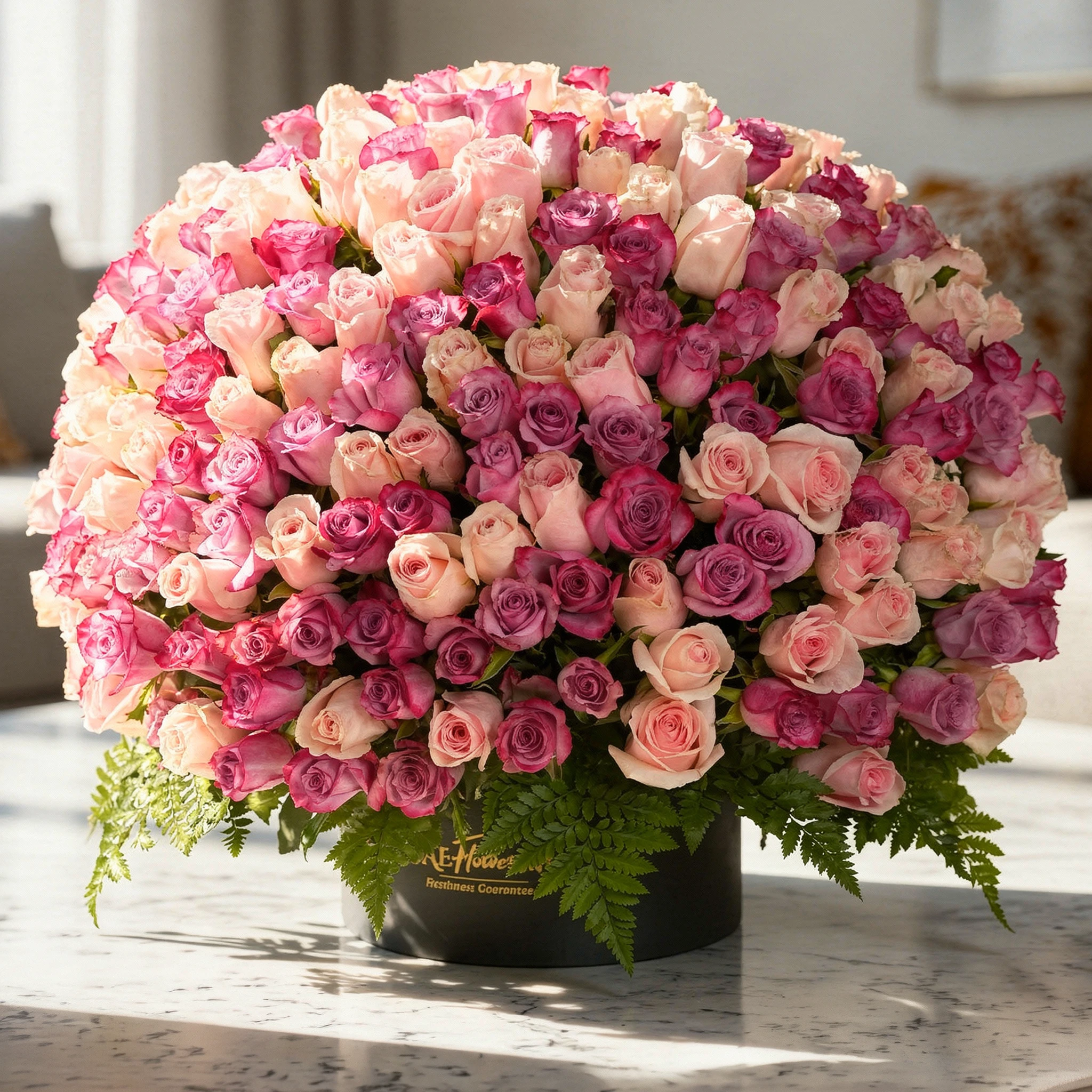 A round arrangement of 50 pink roses and 50 purple roses with leather leaves in a black round box.