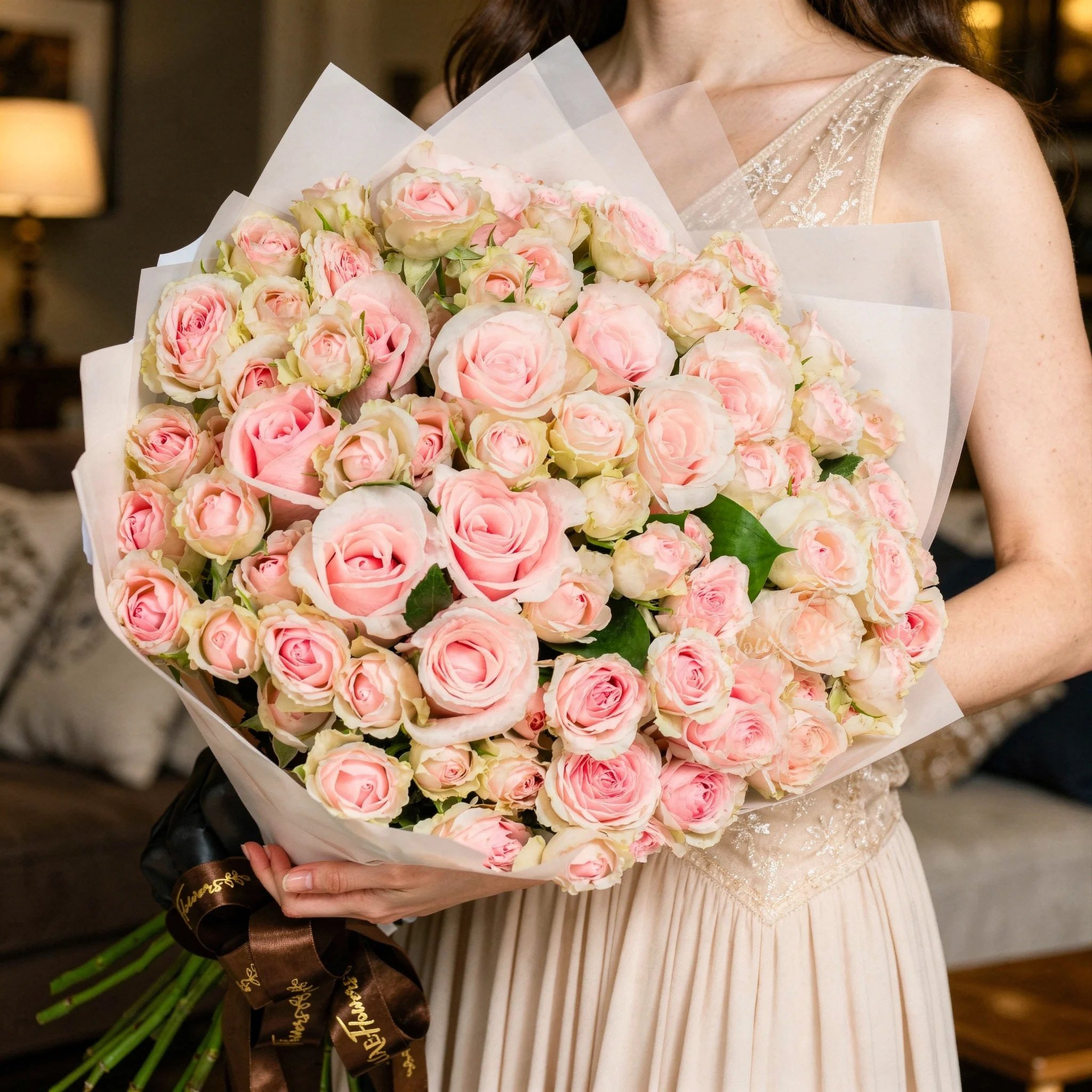 10 pink roses and 10 pink spray roses