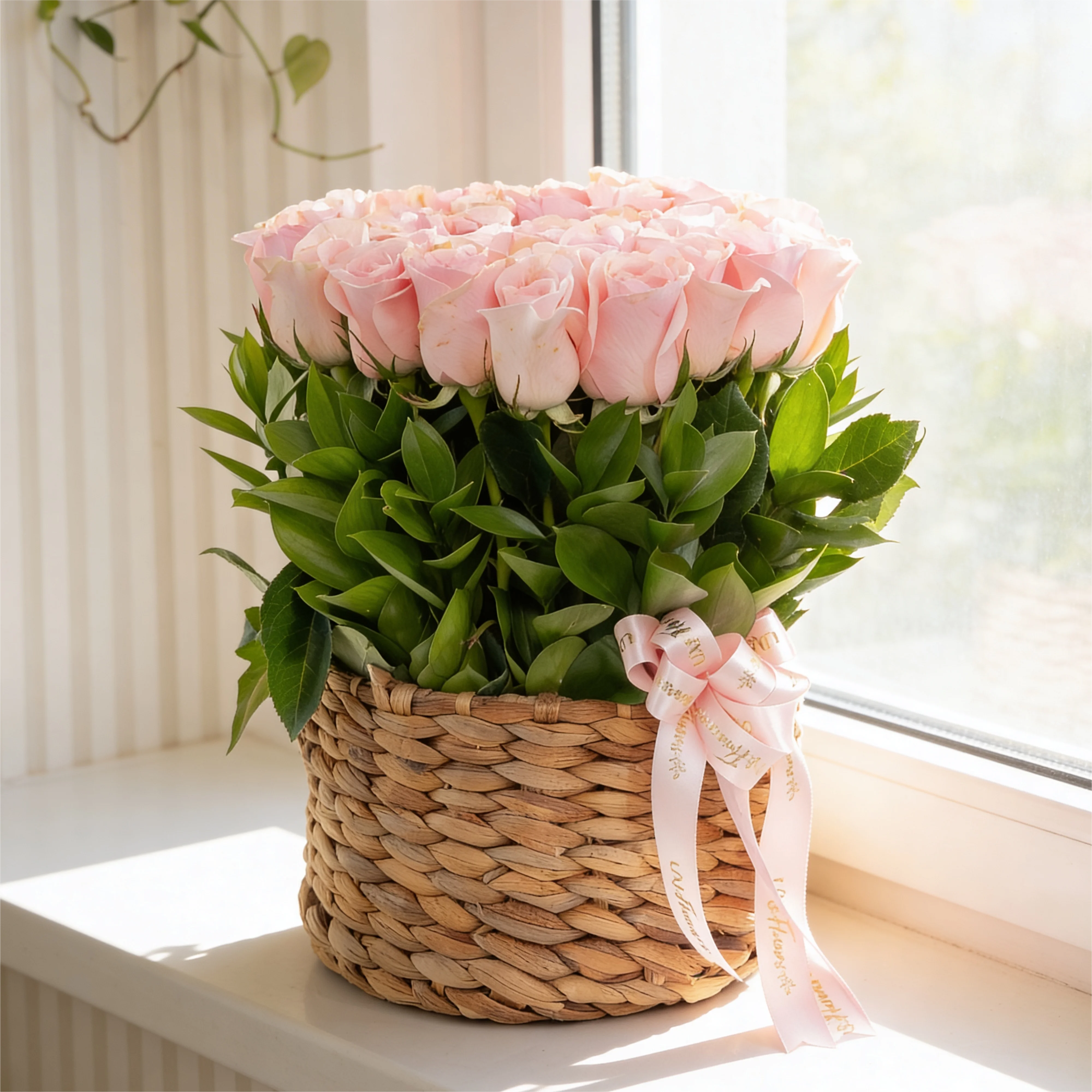 24 pink roses with green fillers in a round basket.