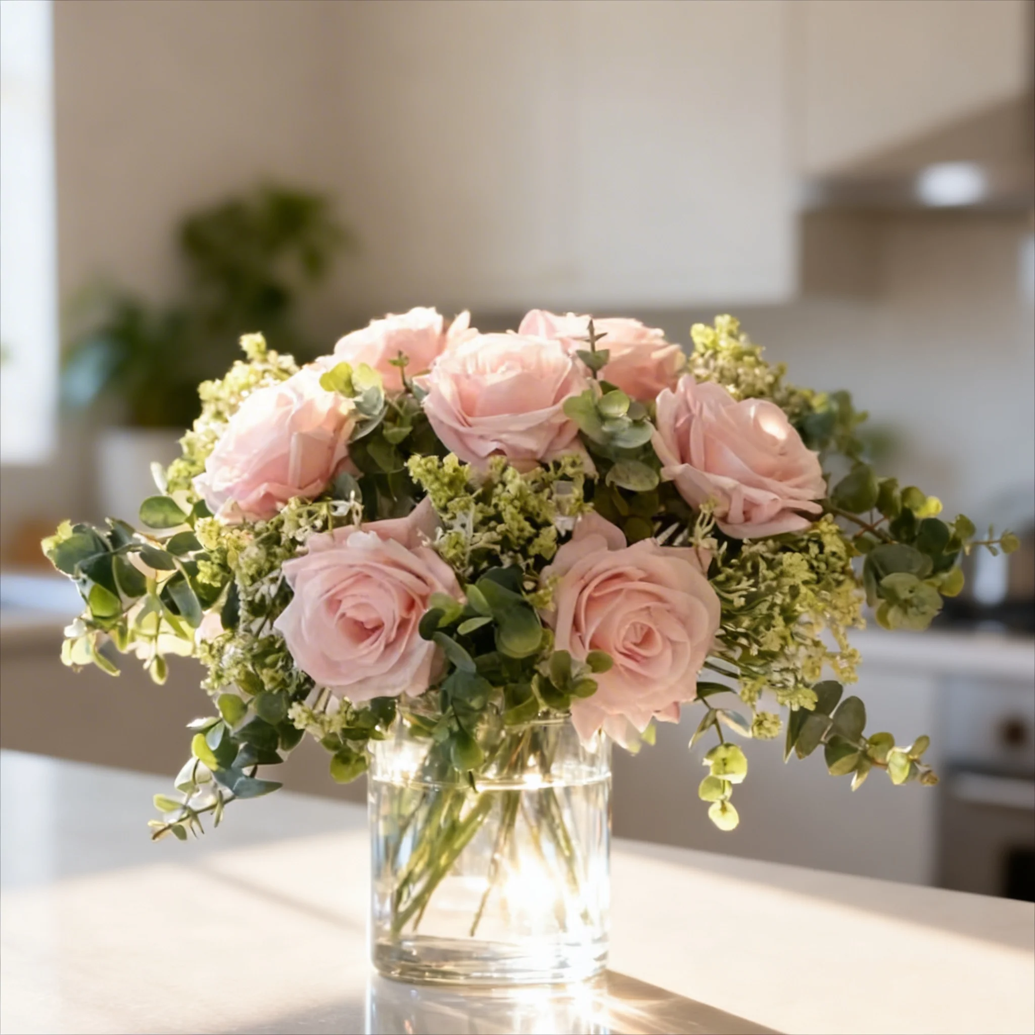 7 pink roses with fillers in a square glass vase