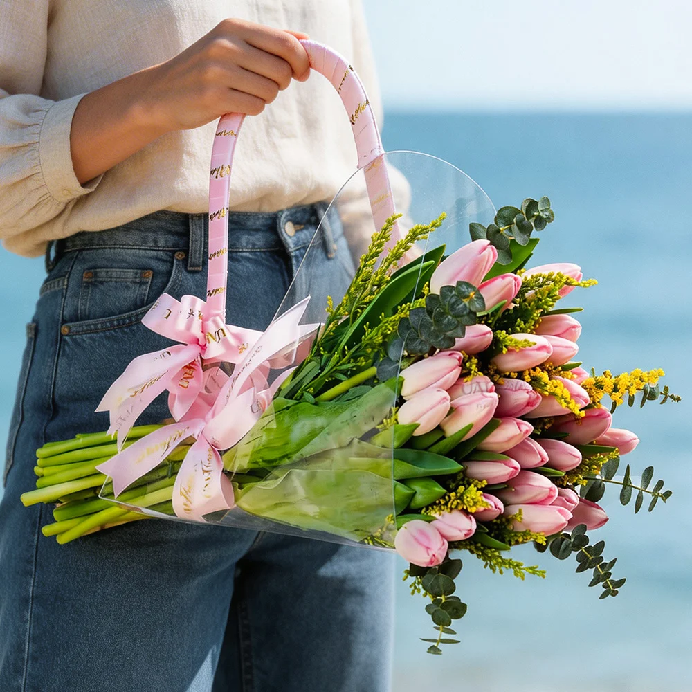 25 Pink Tulips with eucalyptus leaf in an acrylic bag tied with blue ribbons