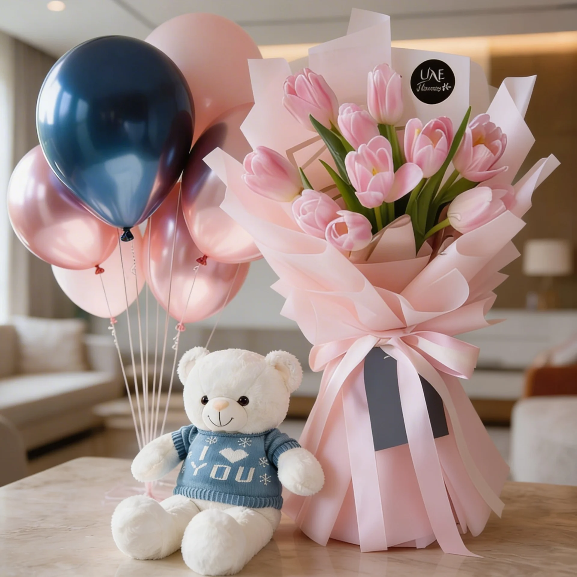 Bouquet of 10 Pink Tulips in a nice pink wrapping, Premium White Teddy Bear With T-shirt - 55cm, and Set of 1 blue and 4 pink latex balloons.