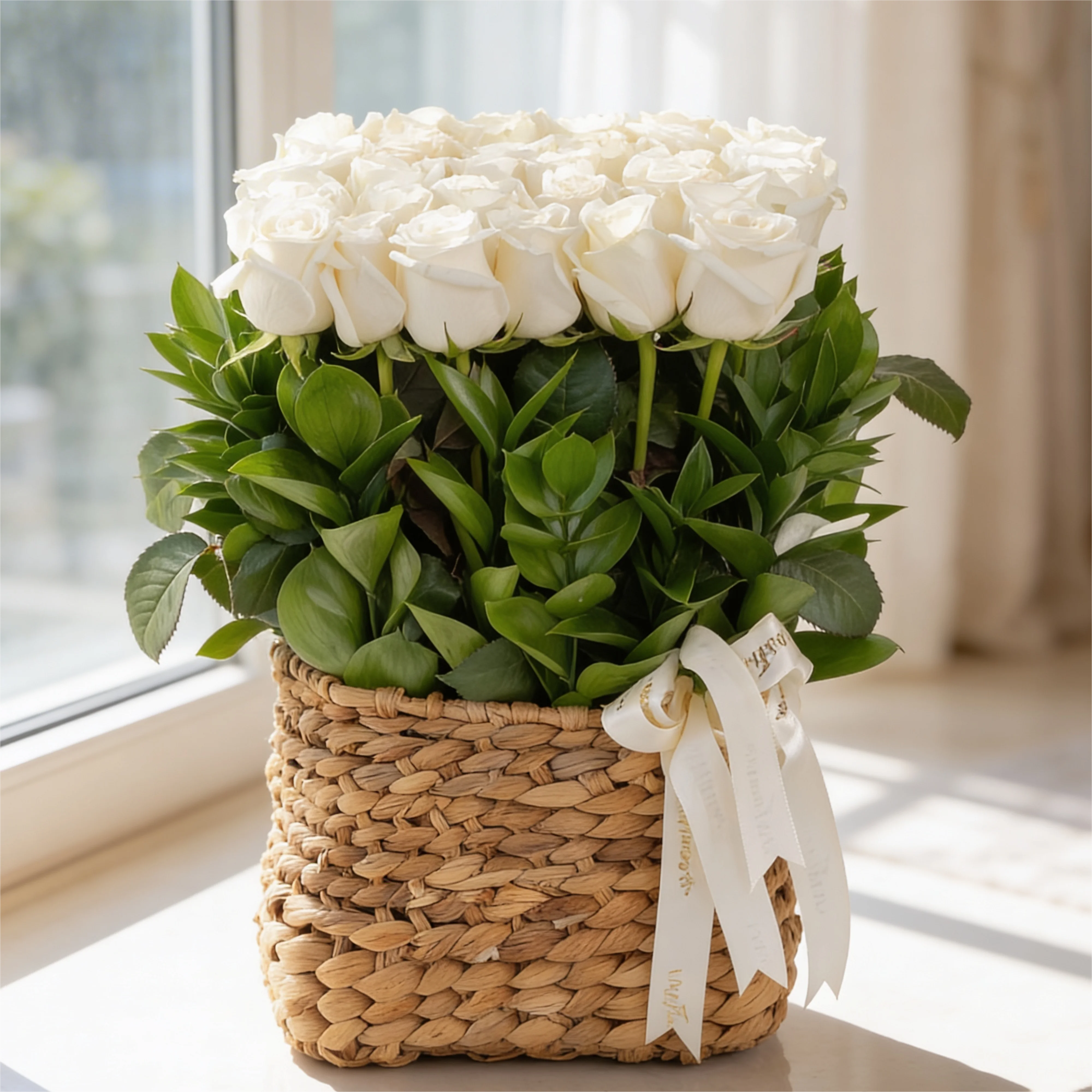 18 White Roses in a Square Basket