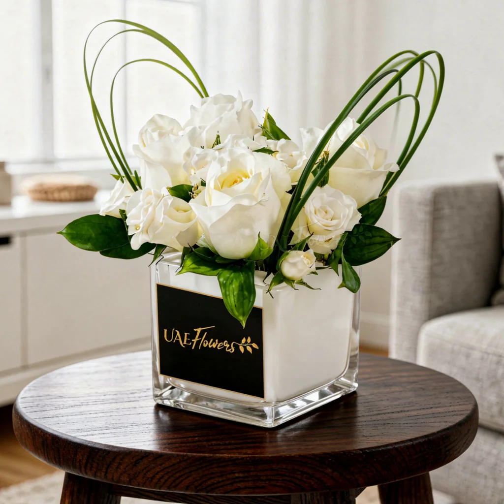 4 white roses and 2 white spray roses