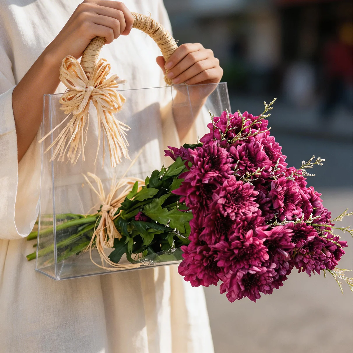 10 fresh purple chrysanthemums packed in an acrylic bag