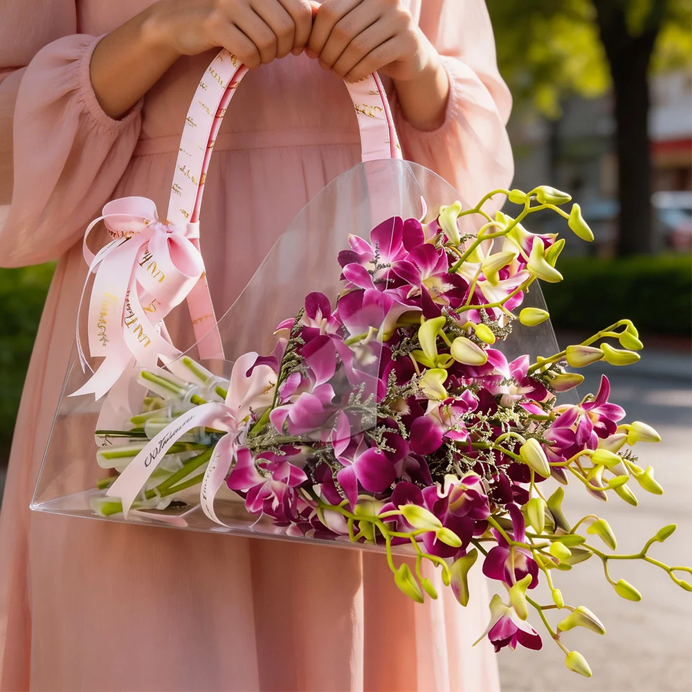 10 purple orchids placed in an acrylic bag tied