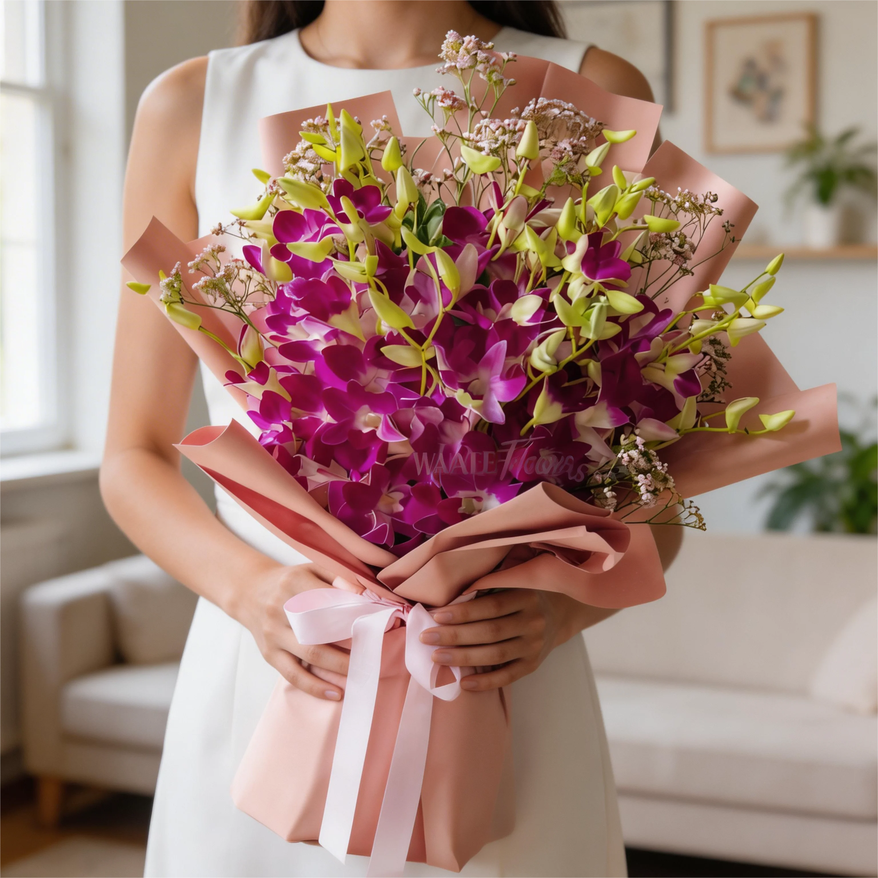 A bouquet of 10 purple orchids with greens and limonium fillers wrapped in purple and pink paper tied with pink ribbons