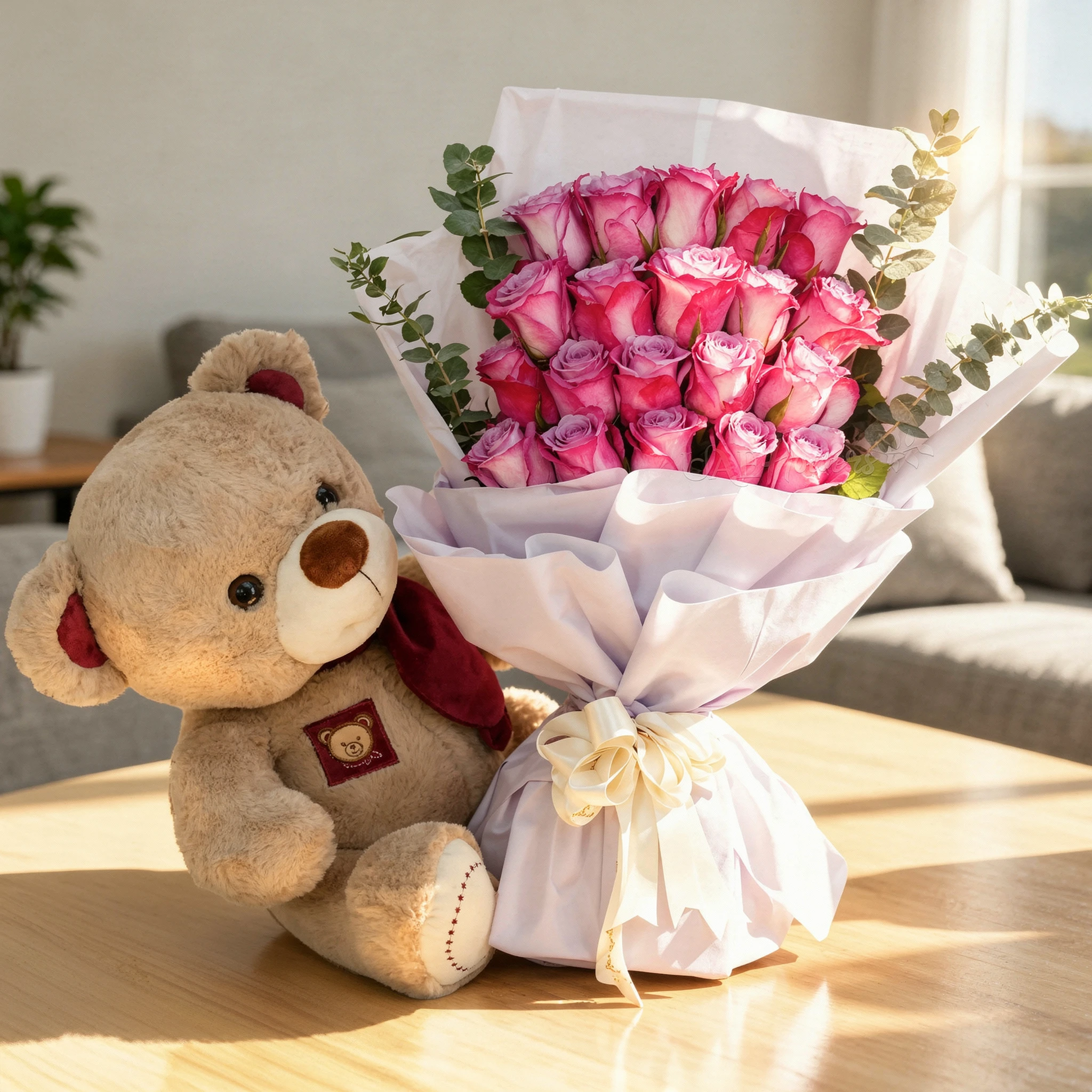 20 purple roses with eucalyptus leaves in pink wrapping