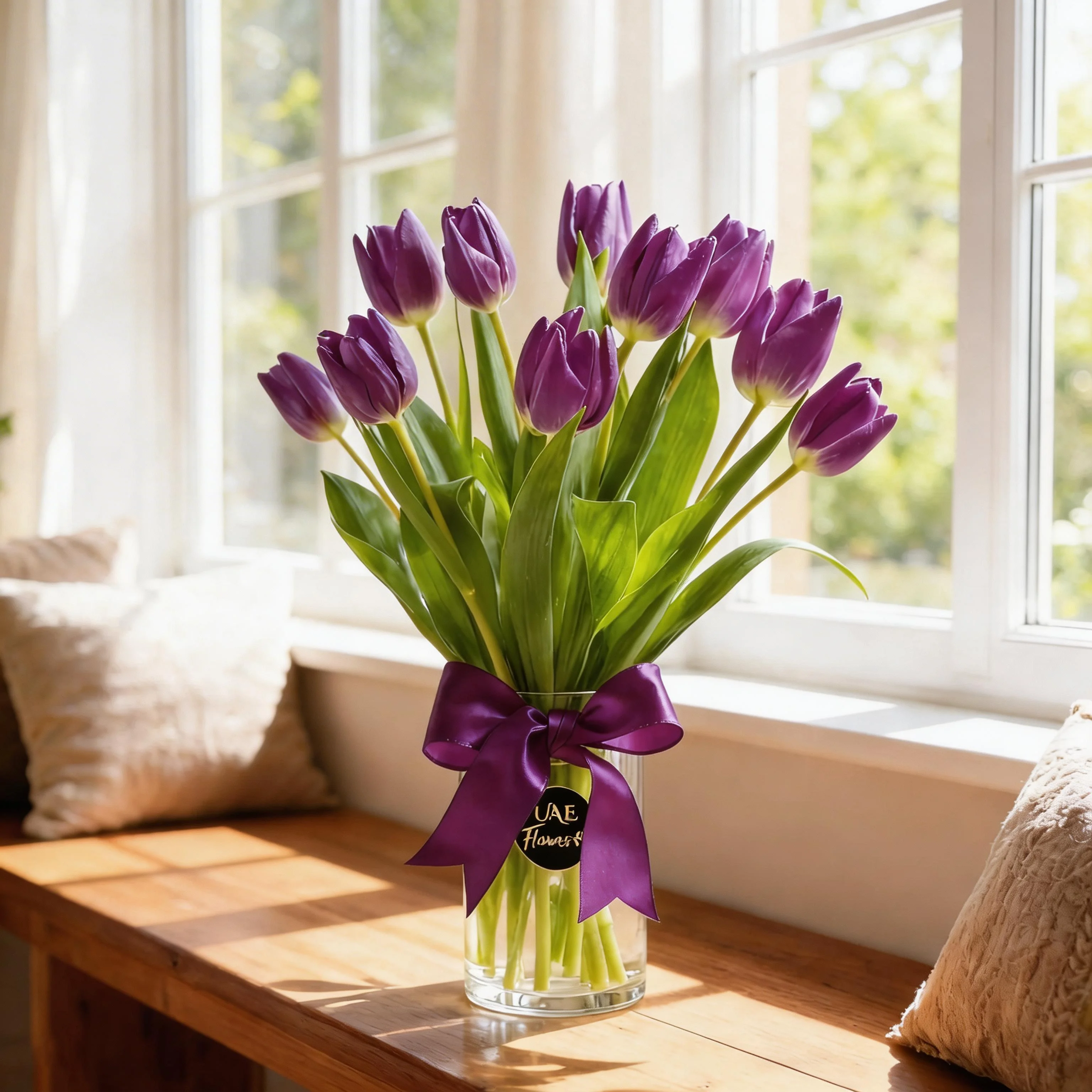 A bouquet of 10 purple tulips tied with a purple ribbon