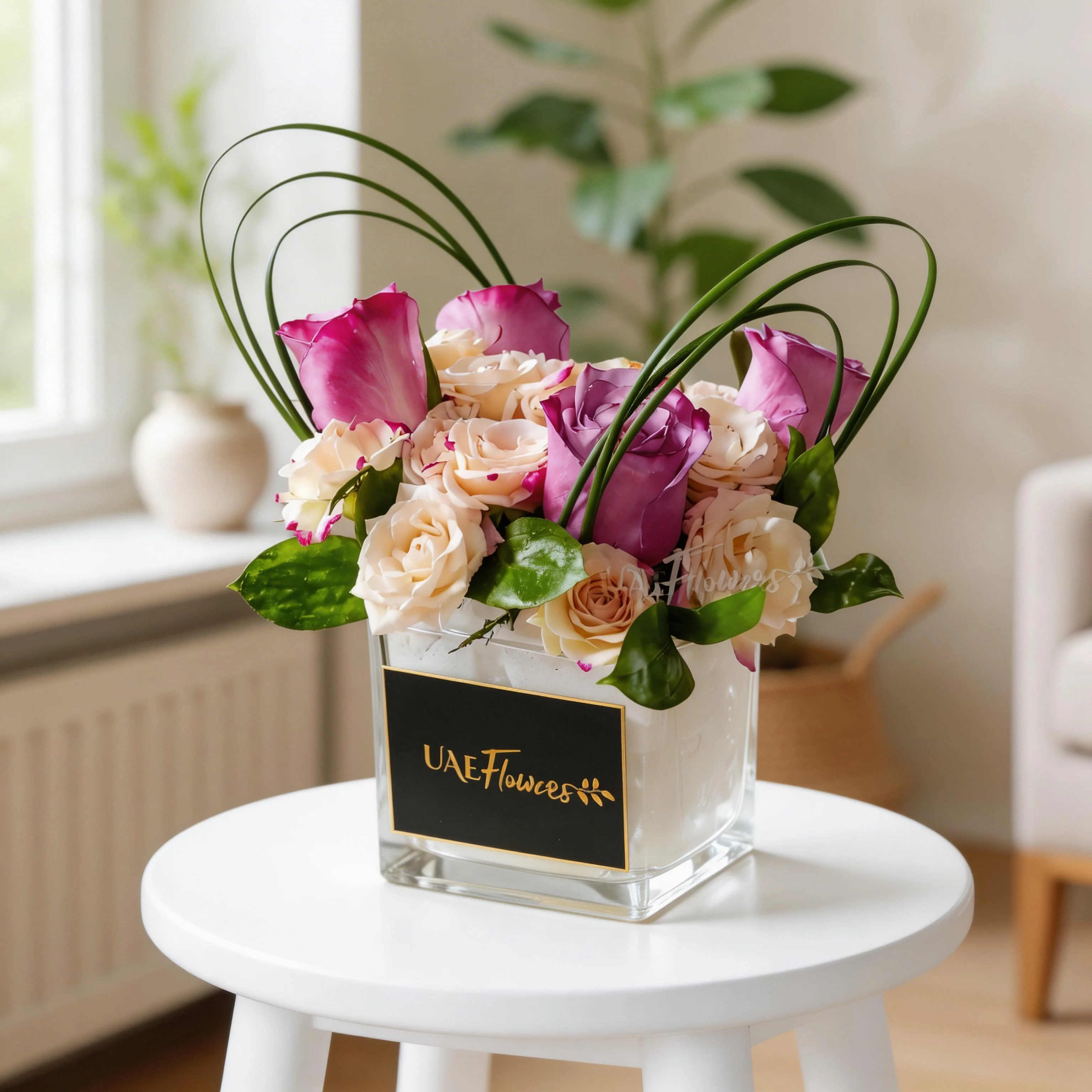 4 purple roses and 2 peach spray roses