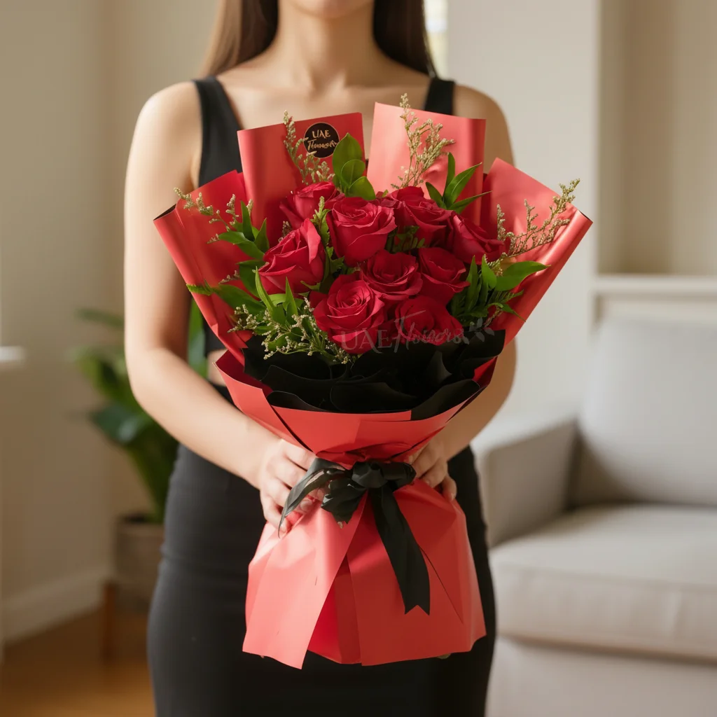 bouquet of 9 red roses with green fillers in paper packing, tied with elegant black ribbon.