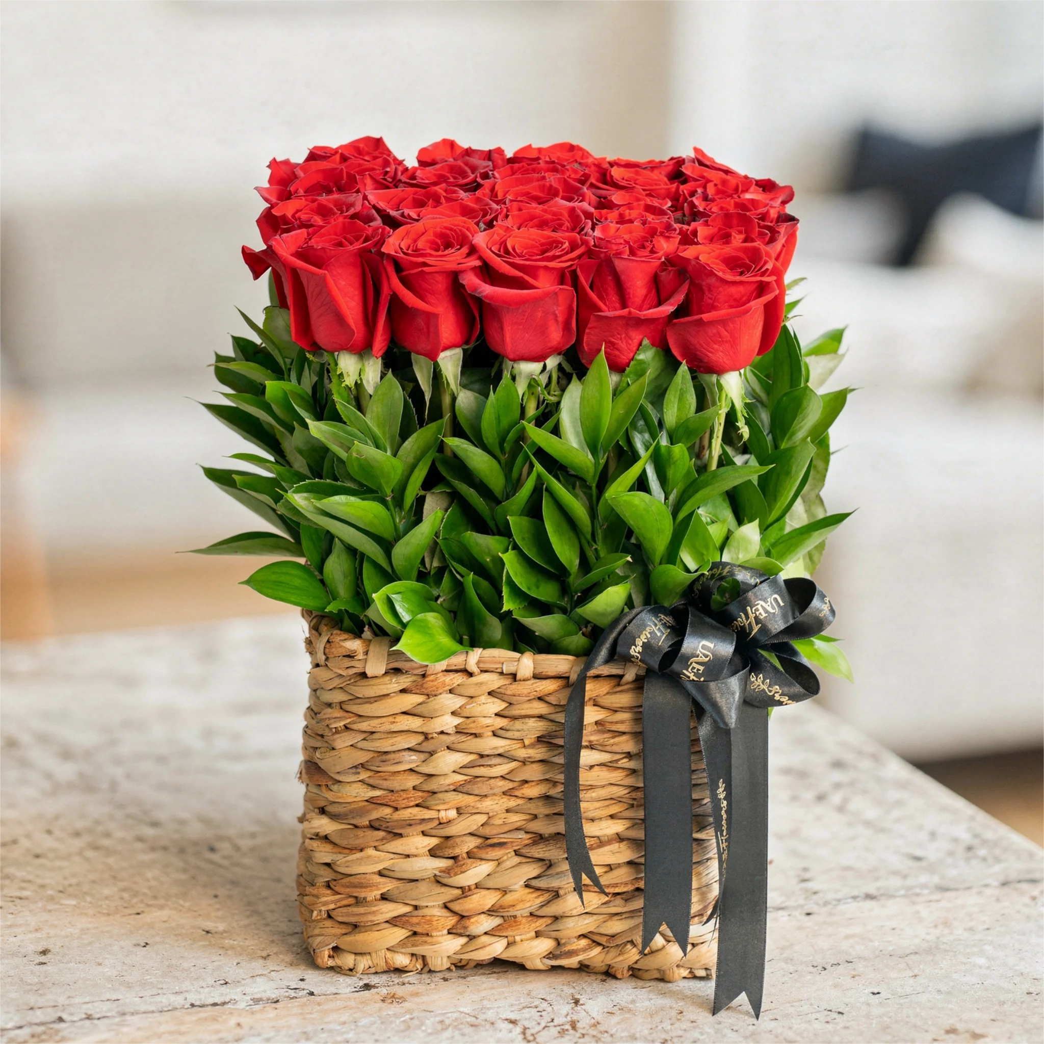 25 Red Roses in a Square Basket