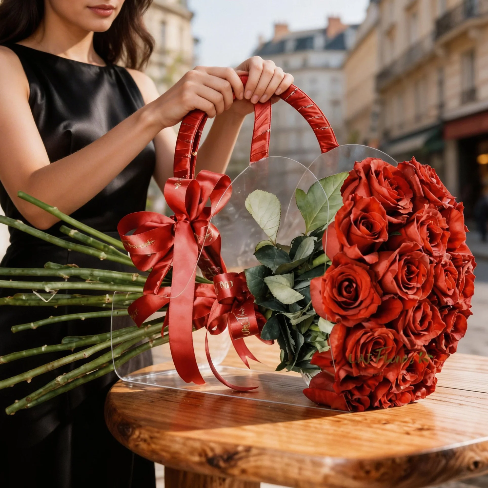 17 red roses placed in a transparent acrylic bag, tied with a ribbon