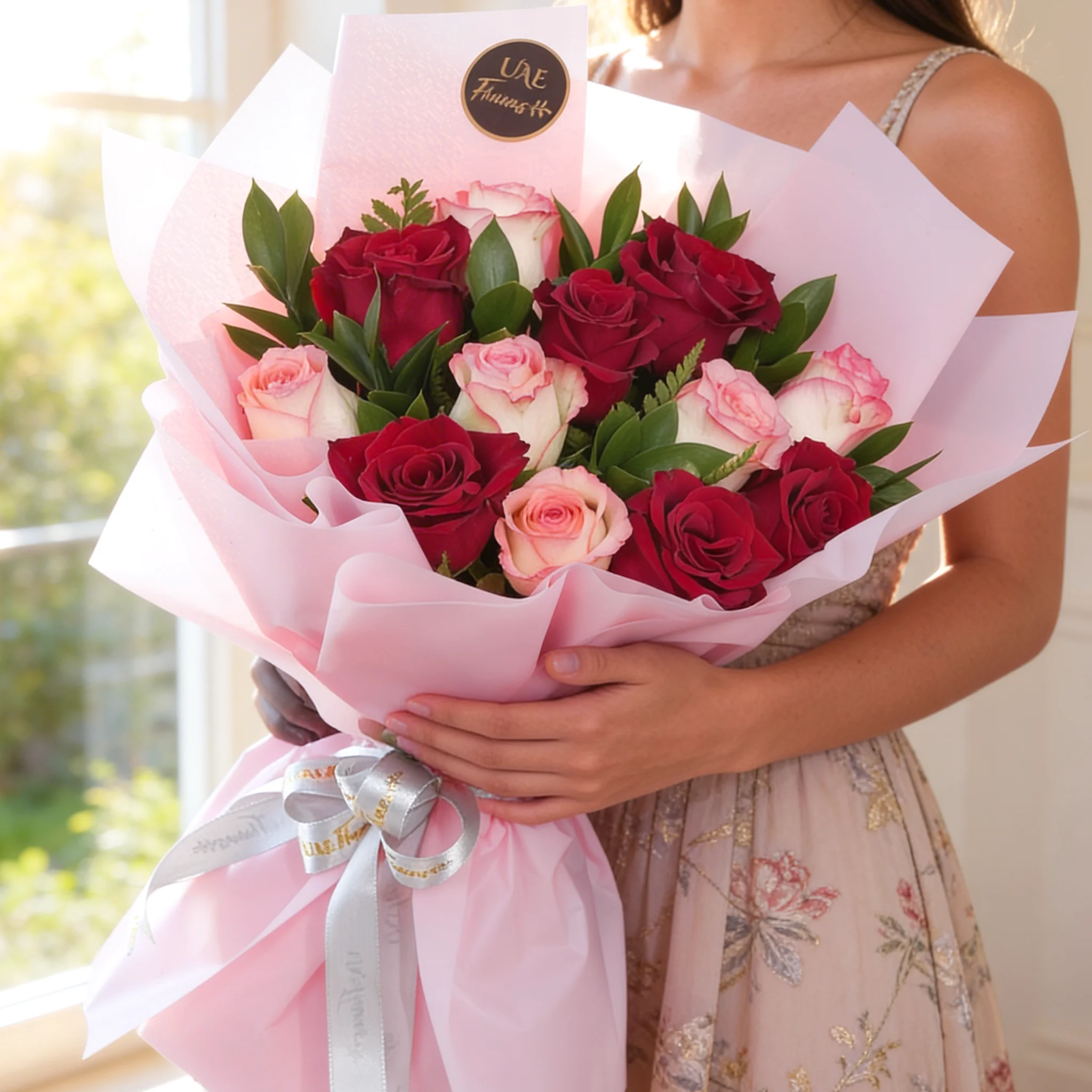 Bouquet of 12 red and pink roses with green fillers in pink wrapping paper.