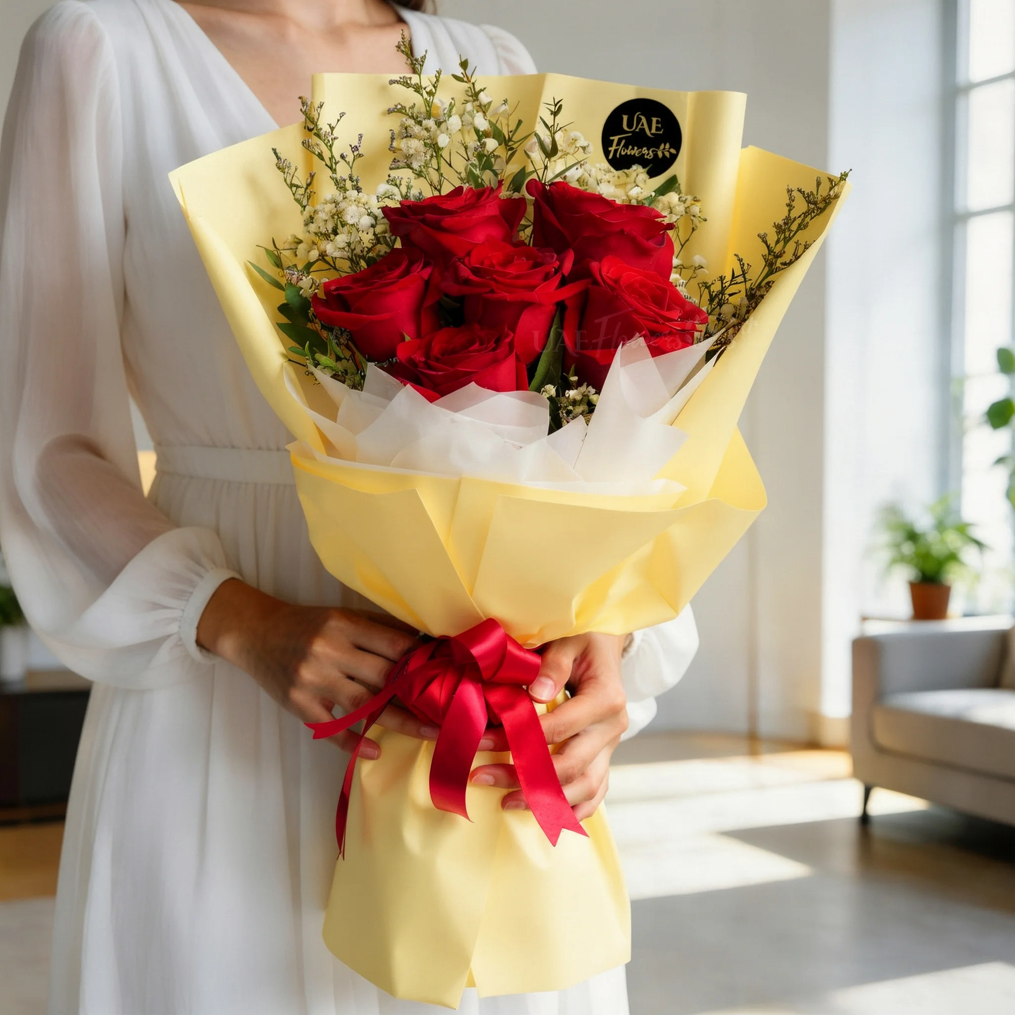 bouquet of 6 red roses with limonium and green fillers