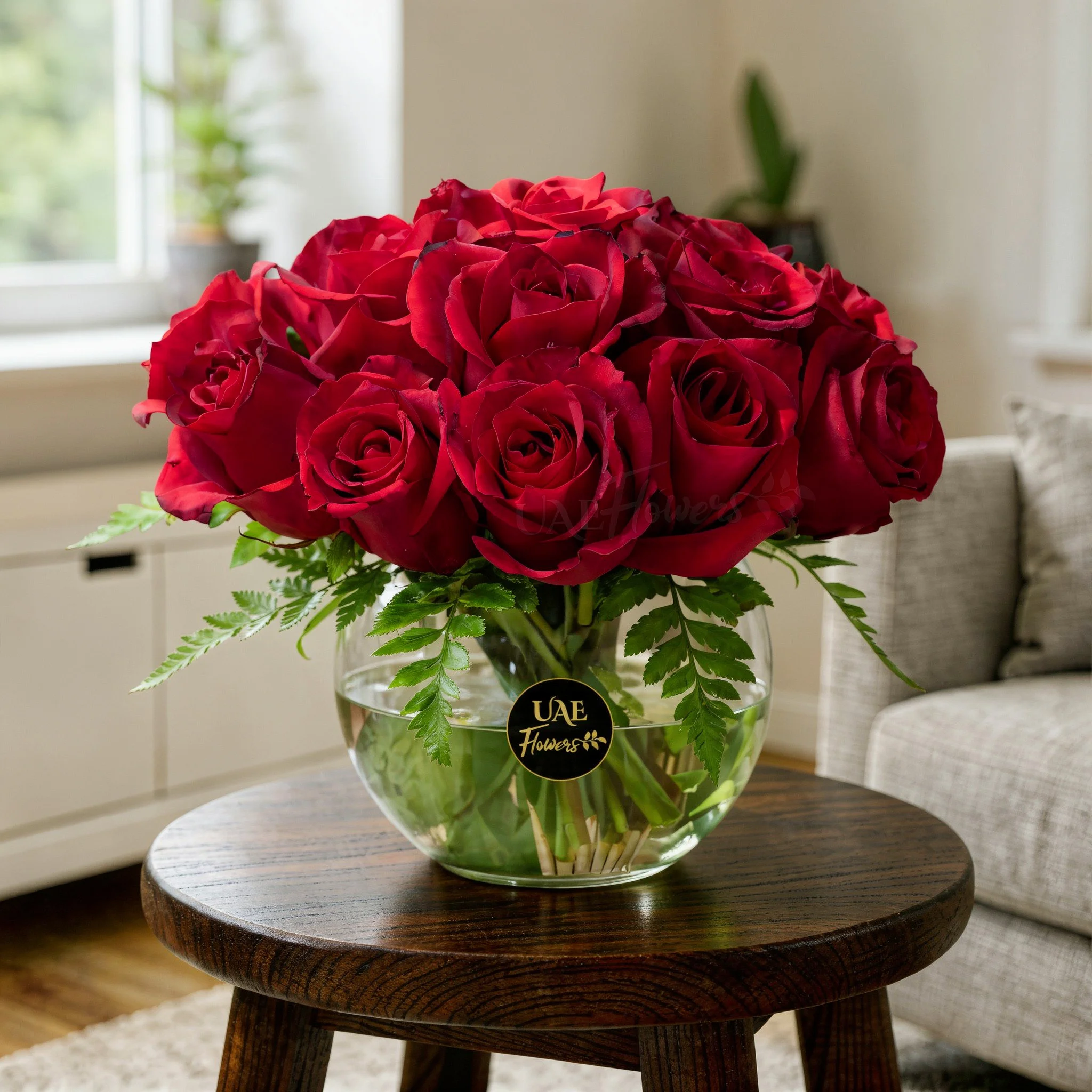 vase of 15 red roses paired with green fillers
