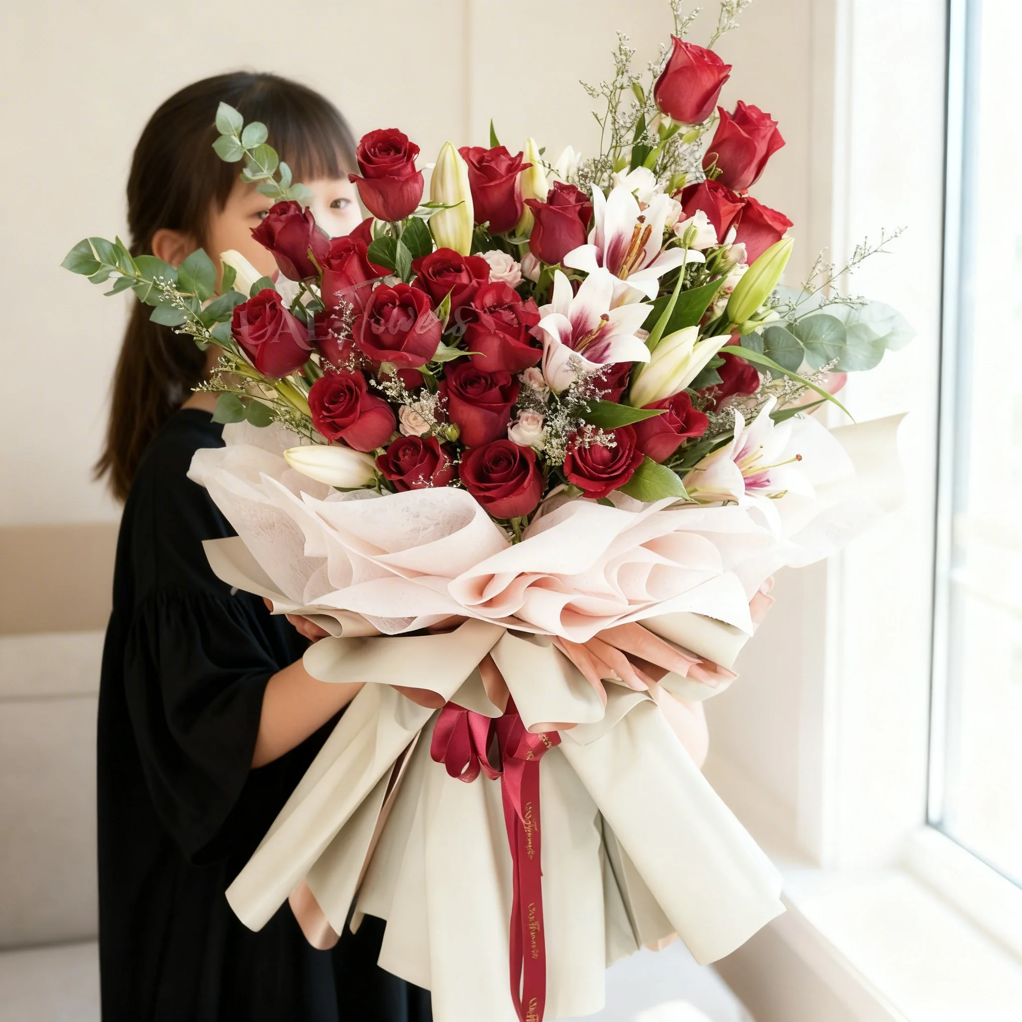 A bouquet of 6 red roses & 4 pink lilies with fillers in red wrapping paper tied with red ribbon