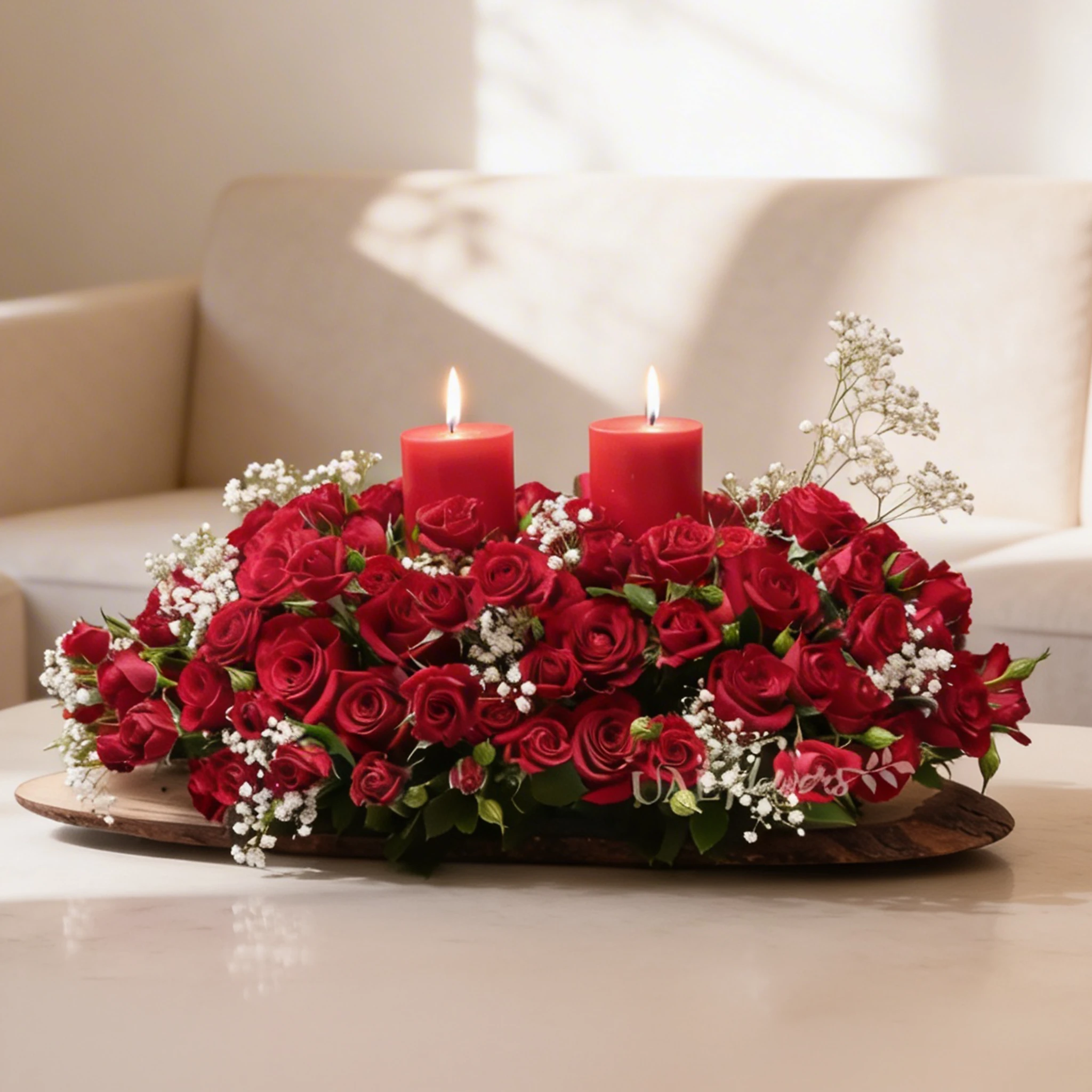 tray of 15 red roses, 20 red spray roses and 2 red candles with baby's breath fillers.