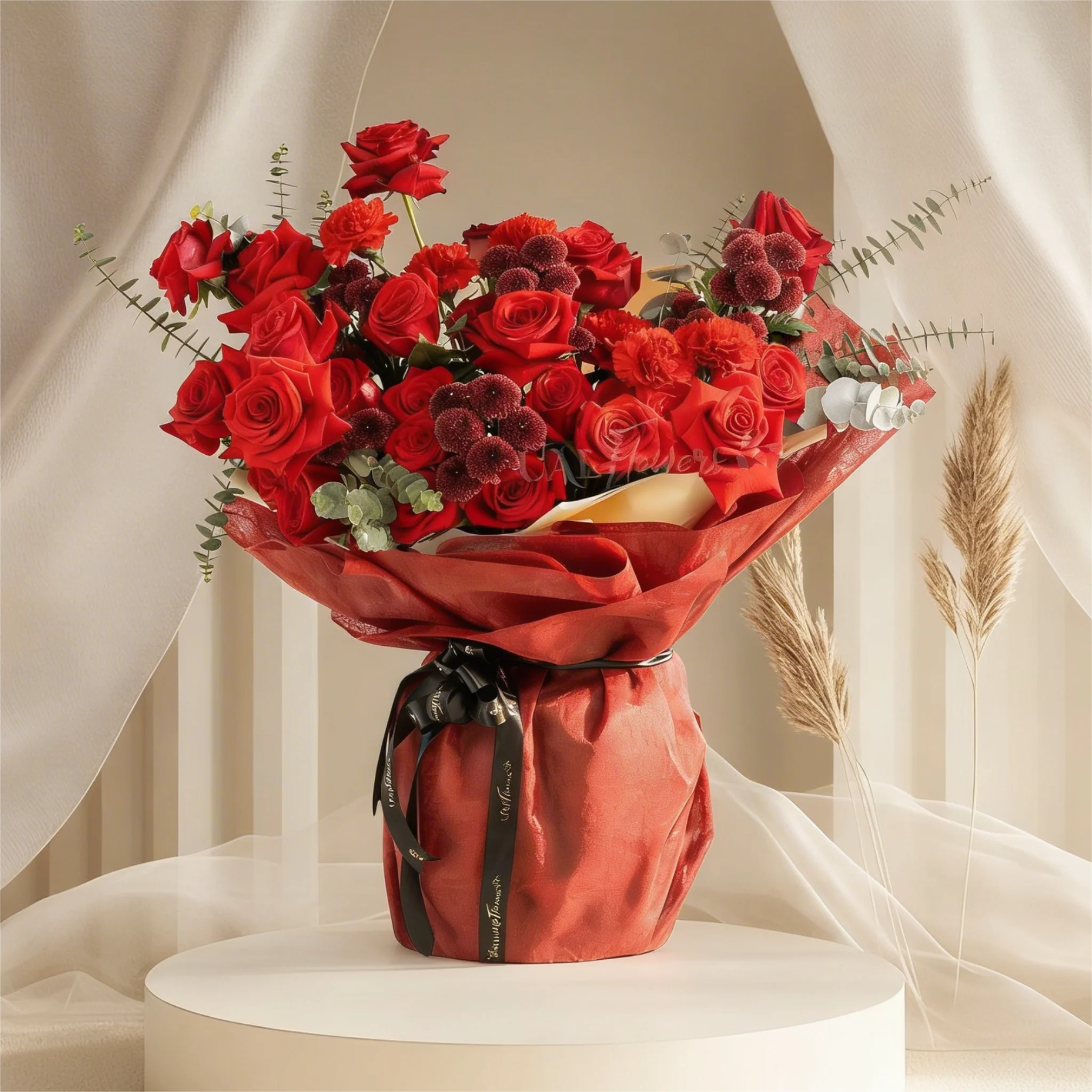 Bouquet of 10 red roses, 5 red spray roses and 3 red button chrysanthemums with eucalyptus leaf in red paper packing tied with black ribbon.